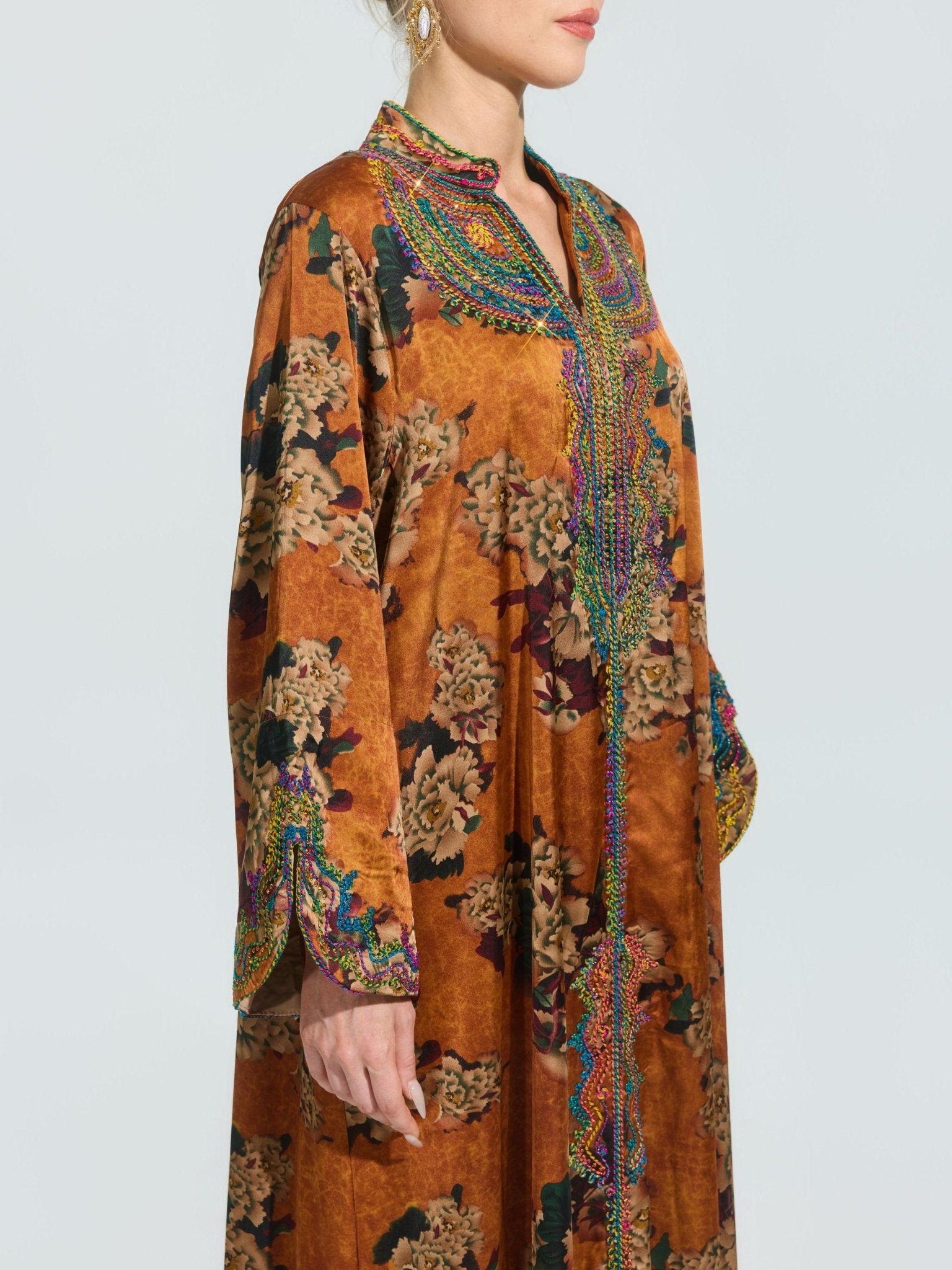 Floral Print Embroidered Satin Dress - Social Queen