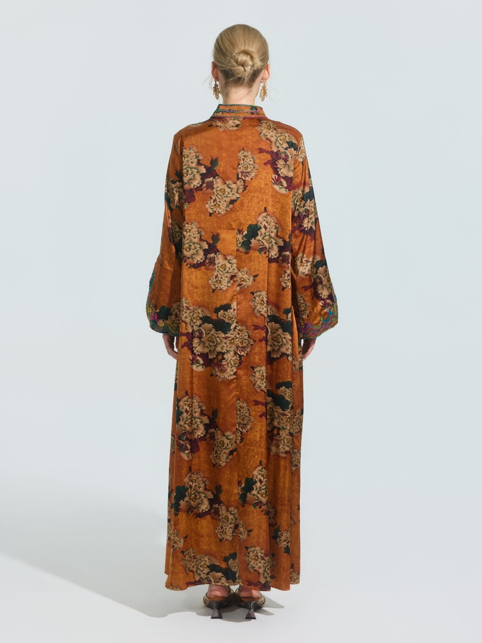 Floral Print Embroidered Satin Dress - Social Queen