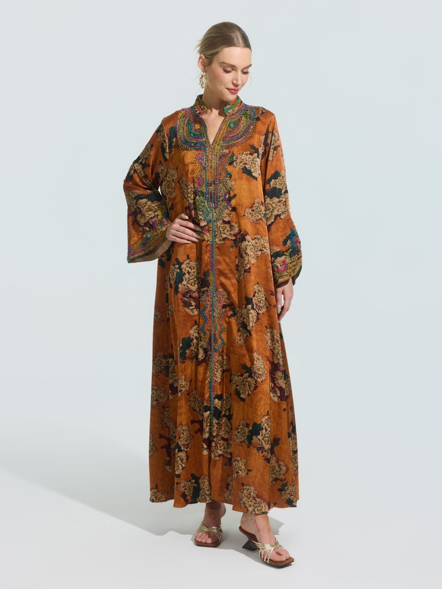 Floral Print Embroidered Satin Dress - Social Queen