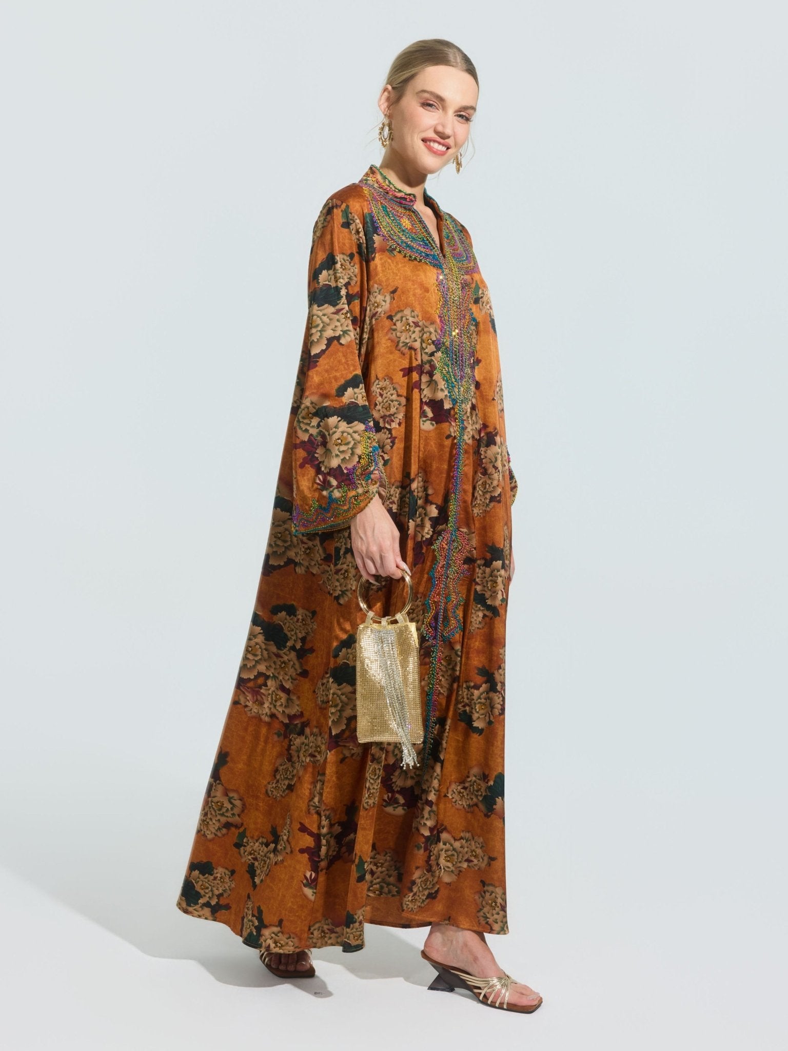 Floral Print Embroidered Satin Dress - Social Queen