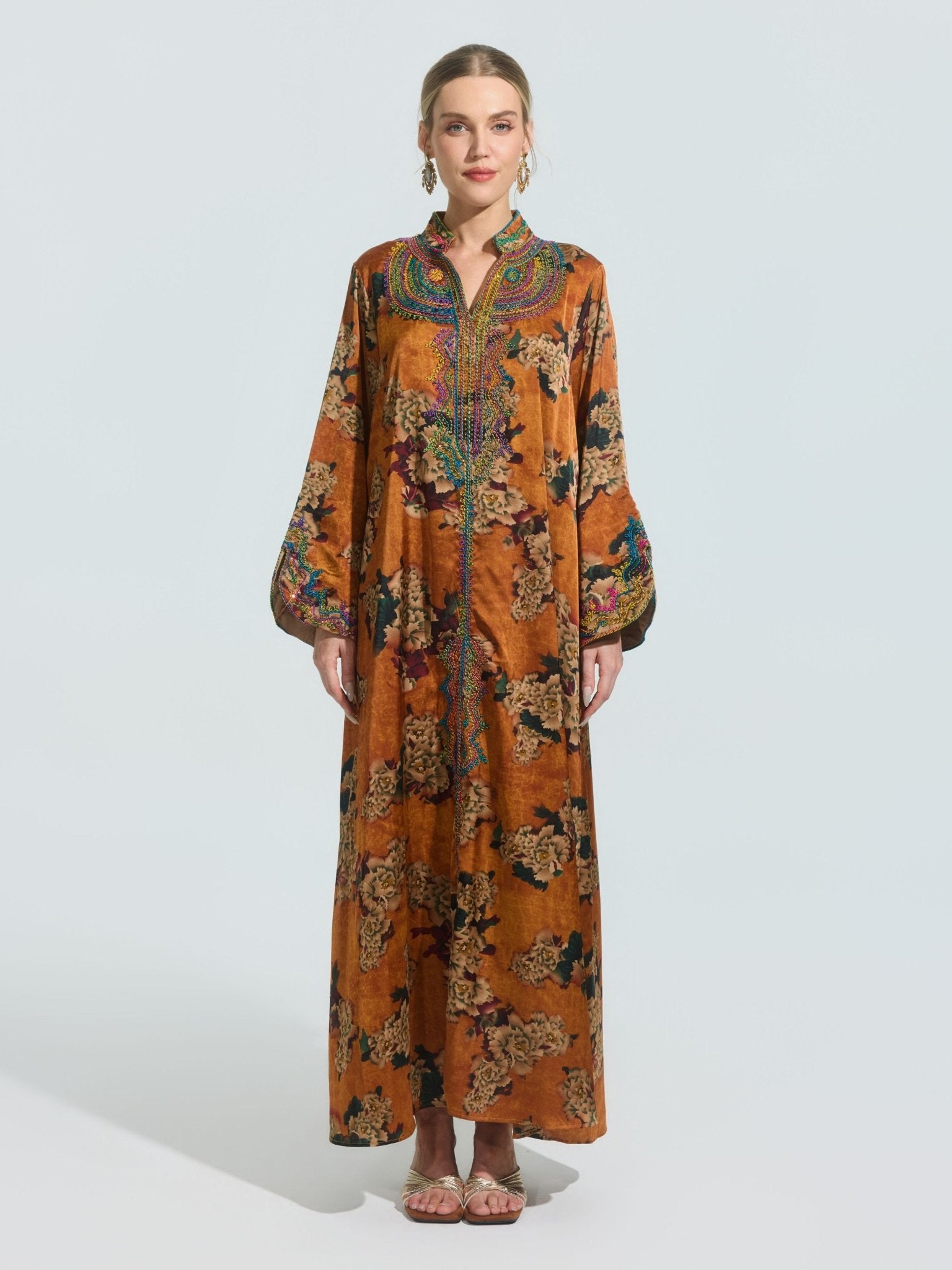 Floral Print Embroidered Satin Dress - Social Queen
