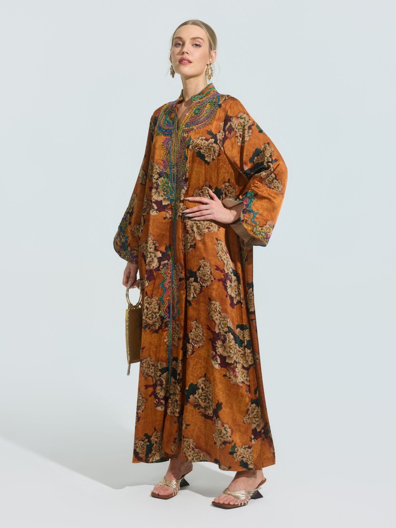 Floral Print Embroidered Satin Dress - Social Queen