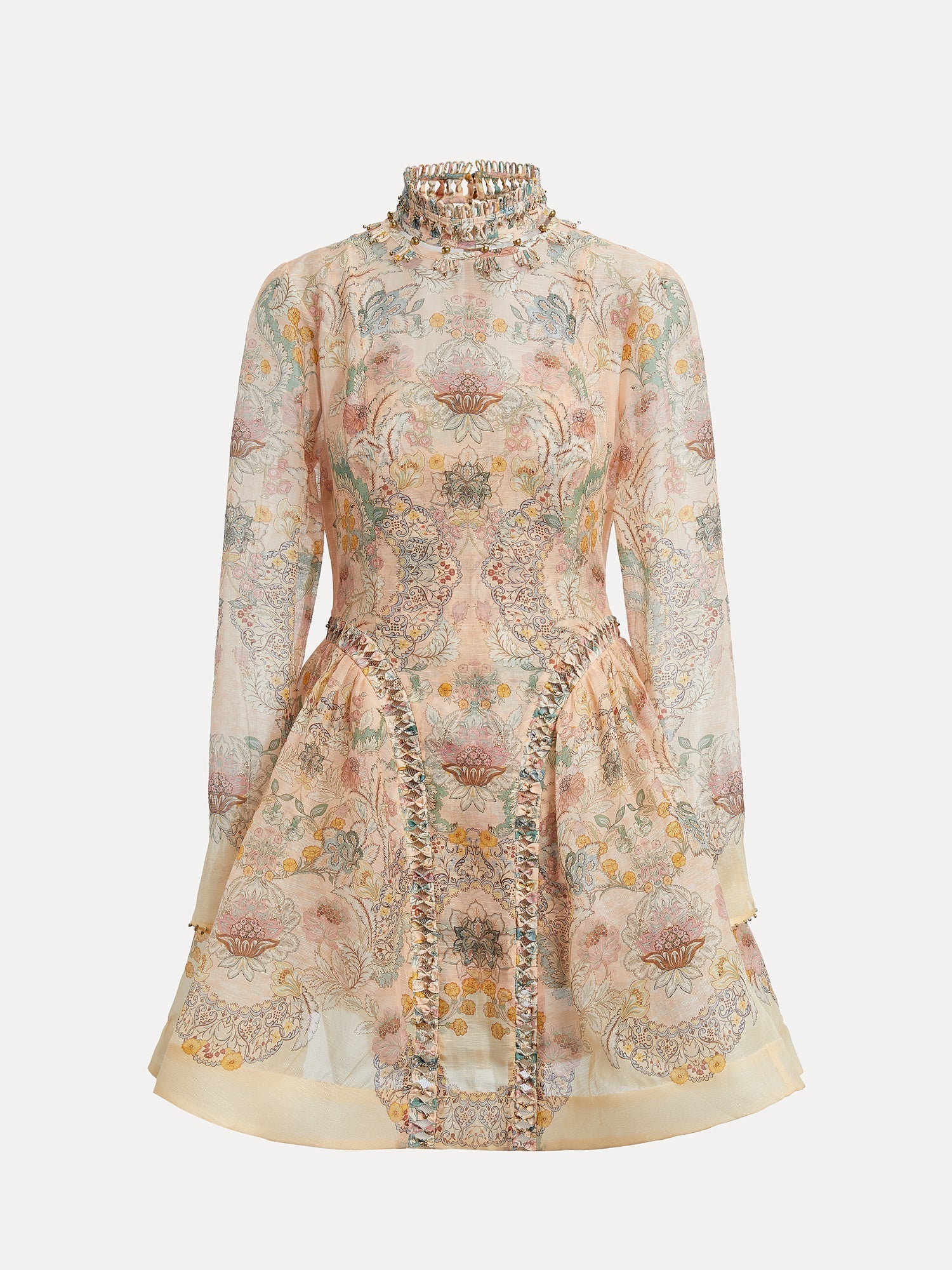 The Social Queen Floral Print Hand-Beaded Dress features long sleeves, a high ruffled collar, fitted waist, and intricate pastel pink, yellow, and green patterns on semi-sheer jacquard fabric.