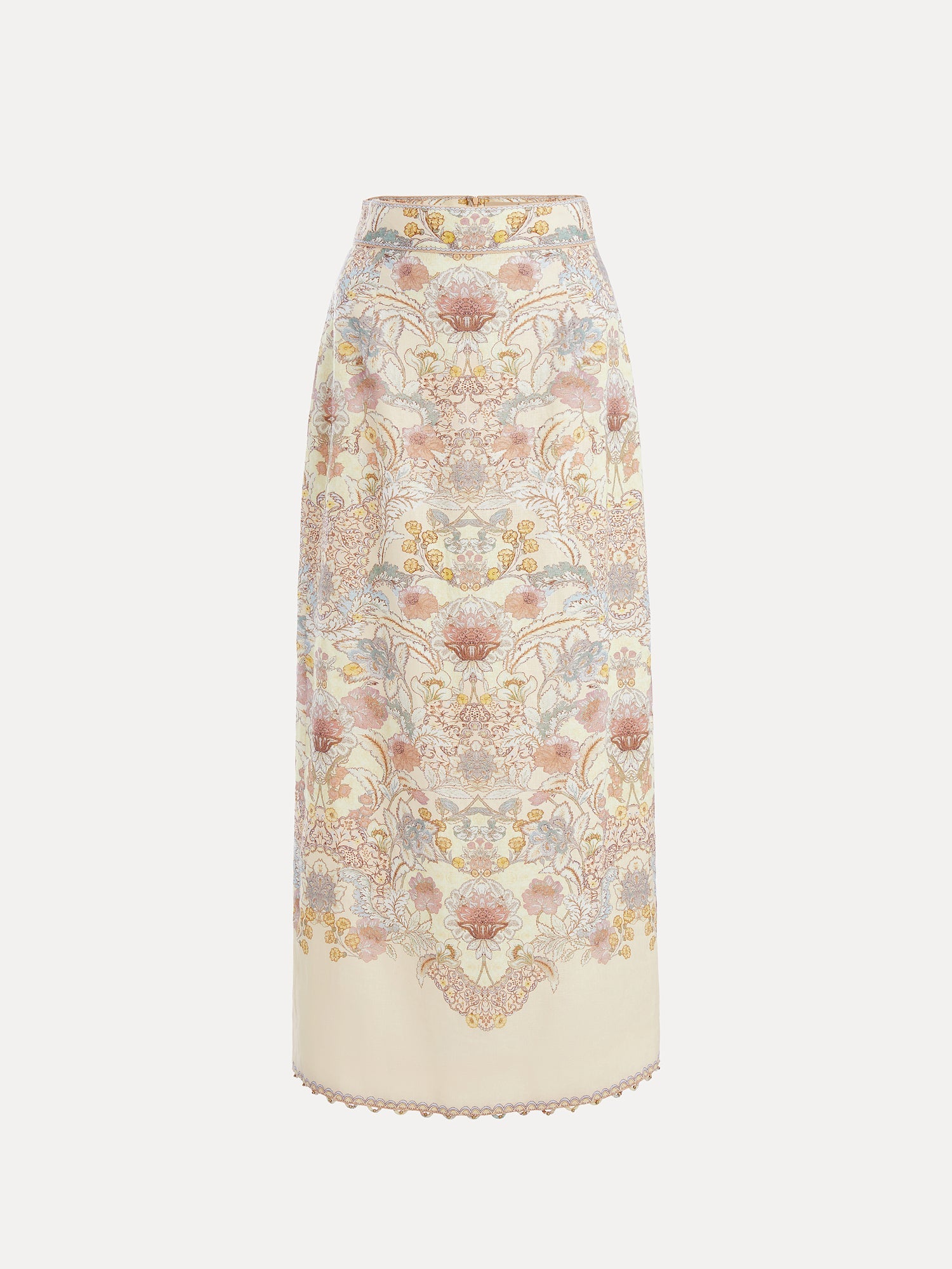 The Social Queen Floral Print Midi Skirt is a vintage-inspired, high-waisted cream linen midi skirt with an intricate floral and paisley pattern in soft pink, blue, and yellow tones.