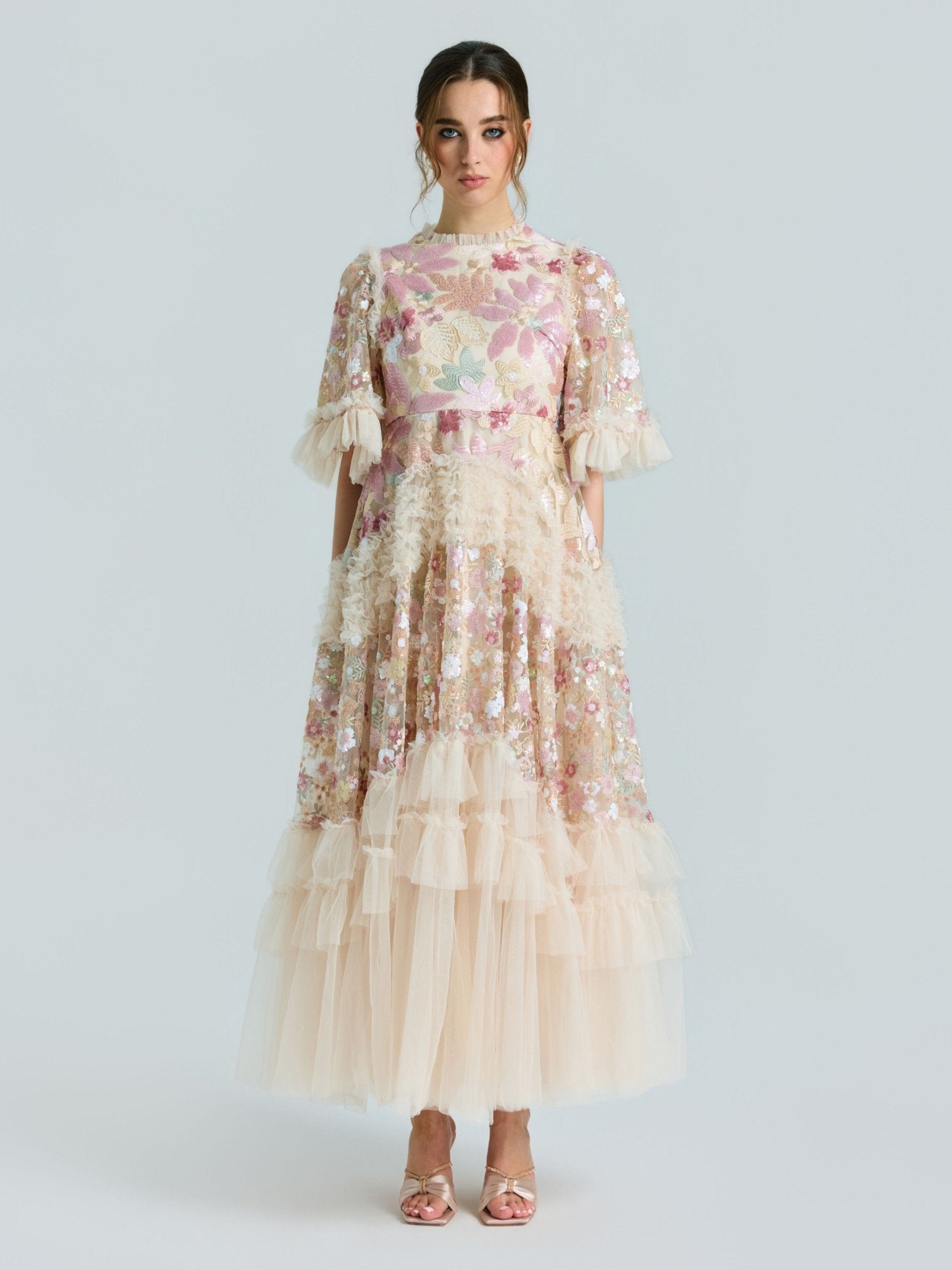 Floral Sequin Embroidered Tiered Dress - Social Queen