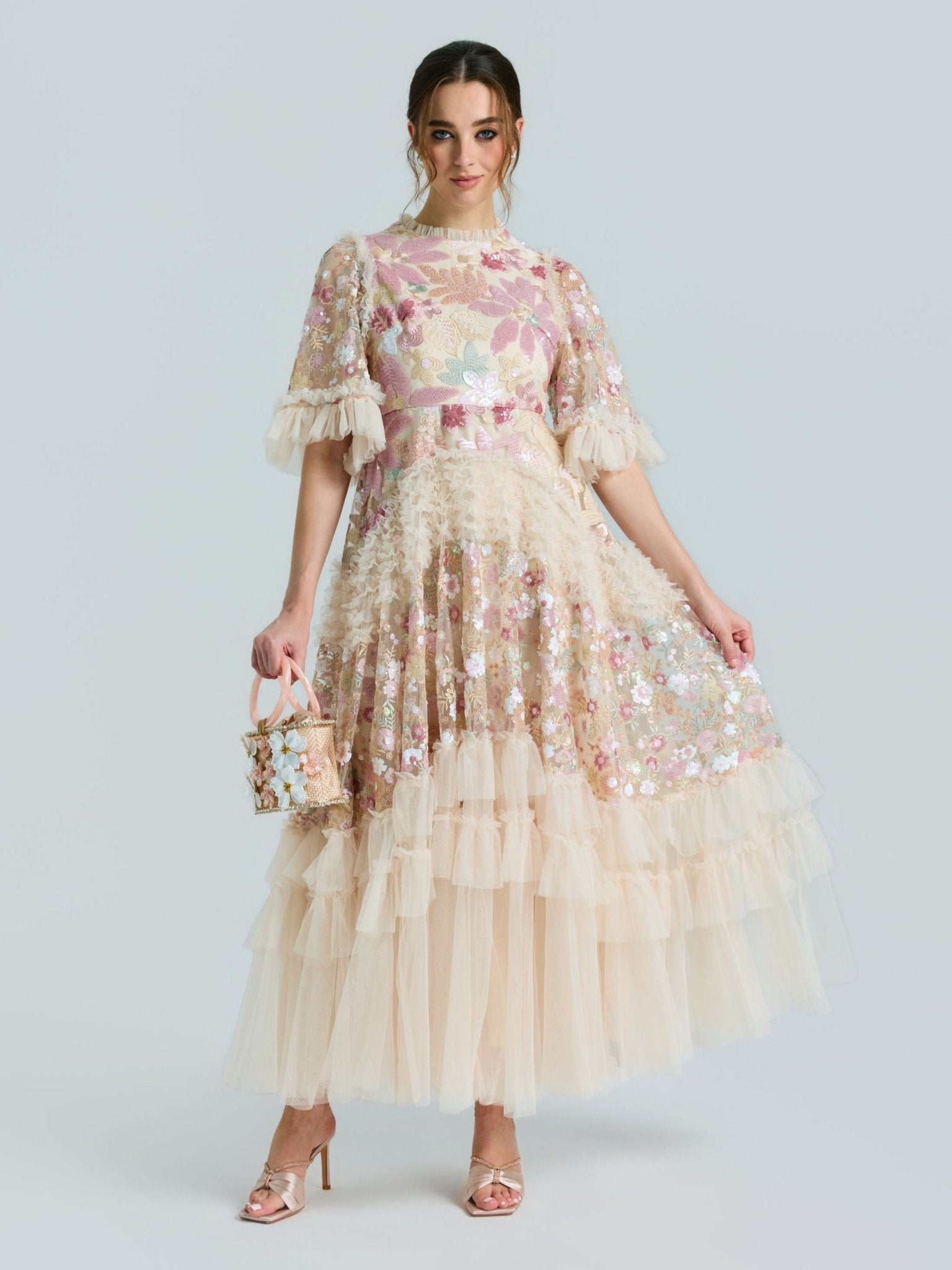Floral Sequin Embroidered Tiered Dress - Social Queen