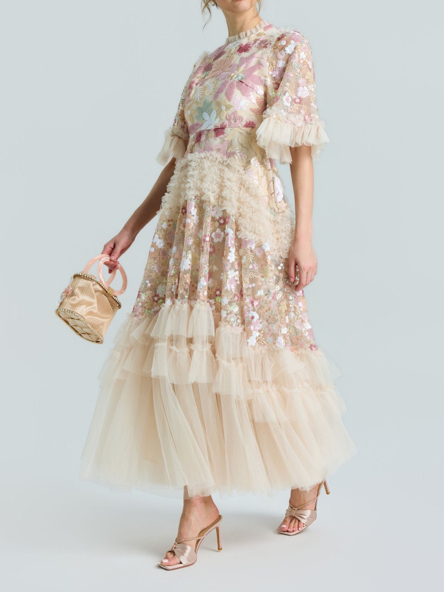 Floral Sequin Embroidered Tiered Dress - Social Queen