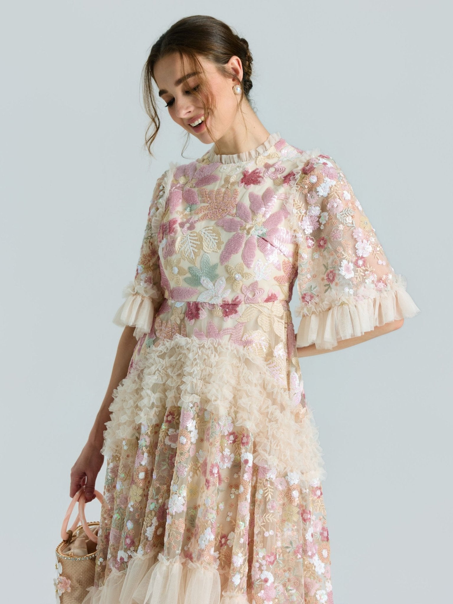 Floral Sequin Embroidered Tiered Dress - Social Queen