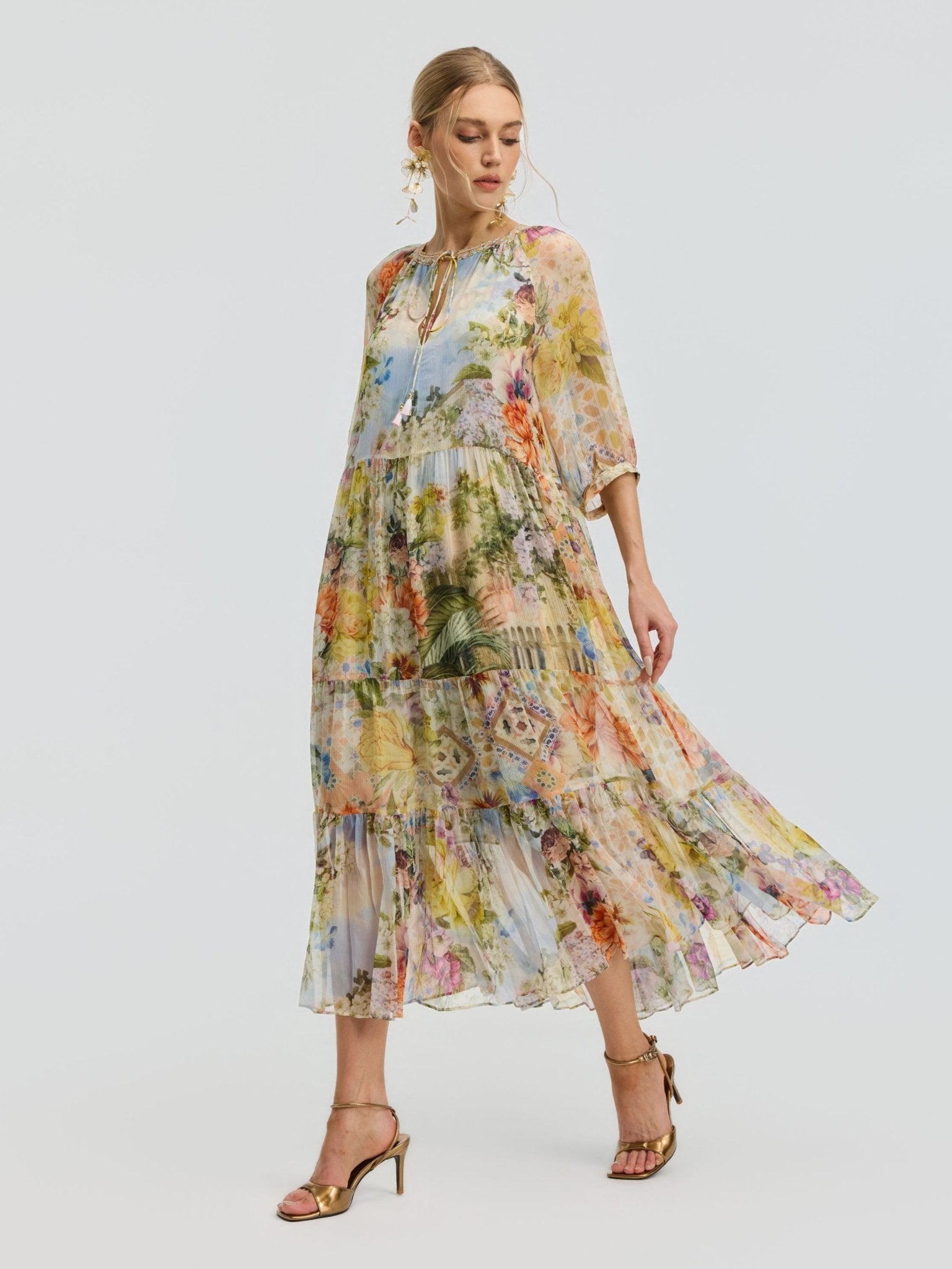 Garden Print Mulberry Silk Dress - Social Queen