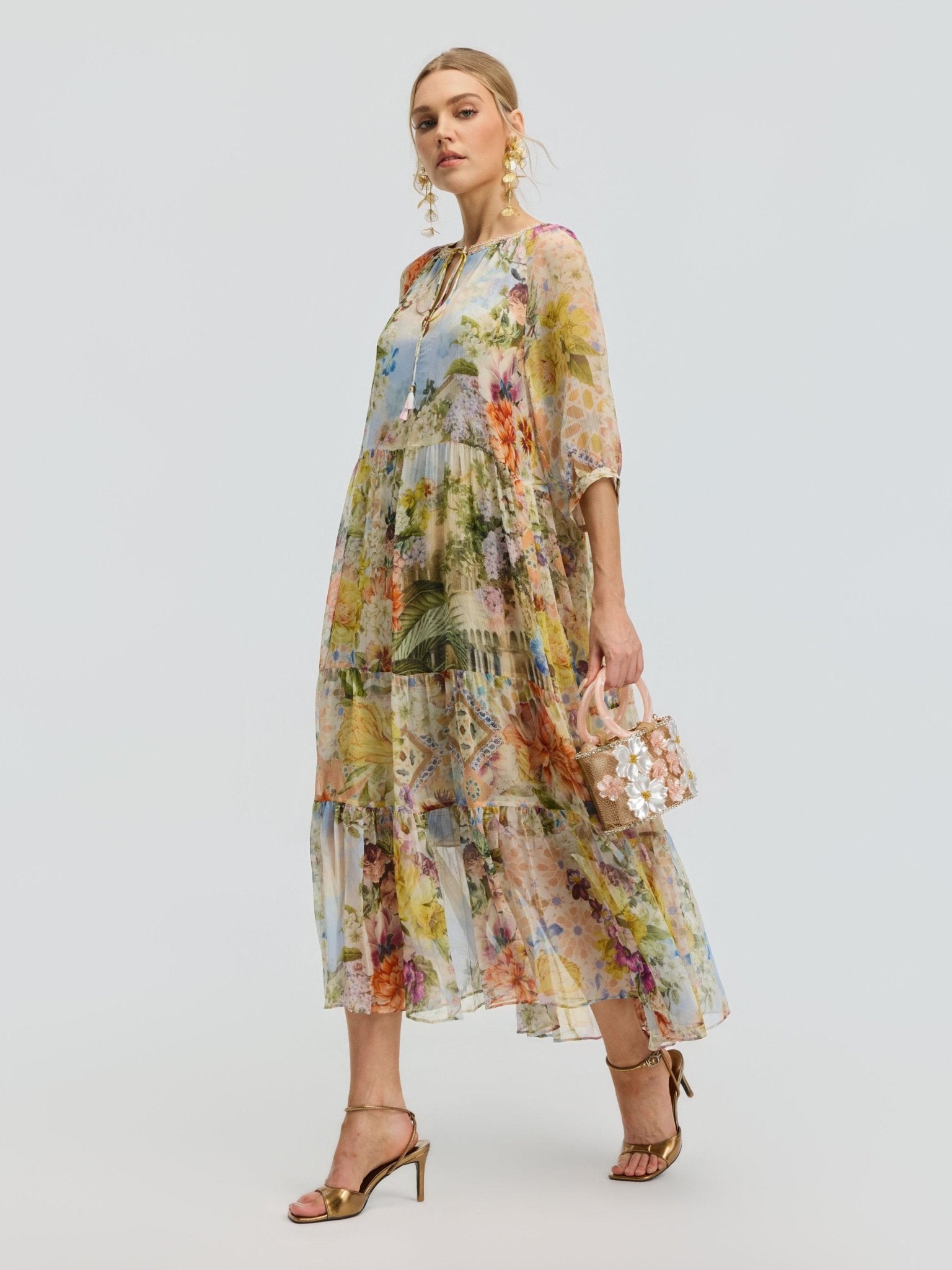 Garden Print Mulberry Silk Dress - Social Queen