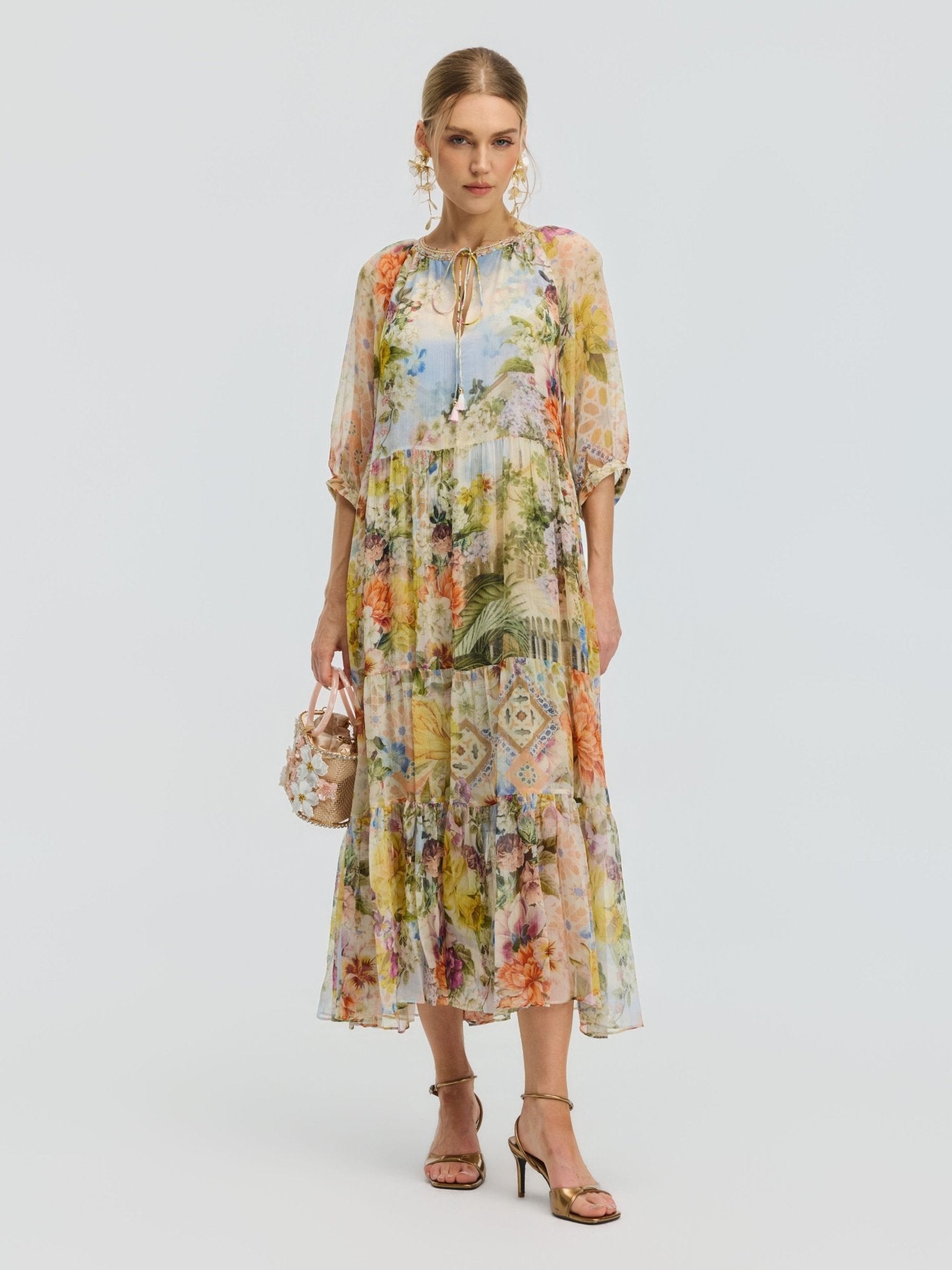 Garden Print Mulberry Silk Dress - Social Queen