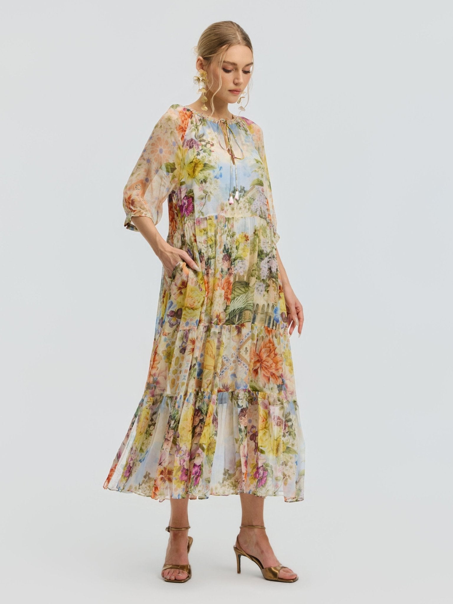 Garden Print Mulberry Silk Dress - Social Queen
