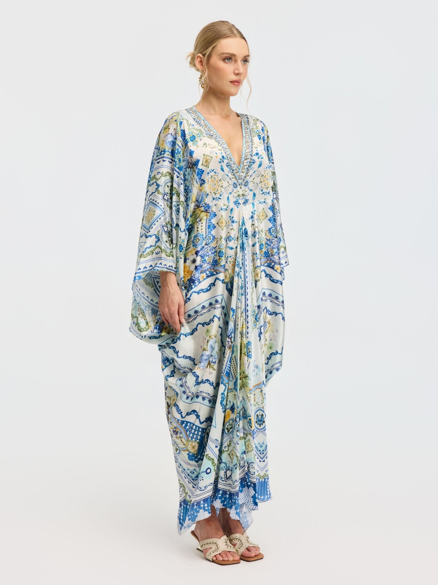 Geometric Floral Mulberry Silk Robe Dress - Social Queen