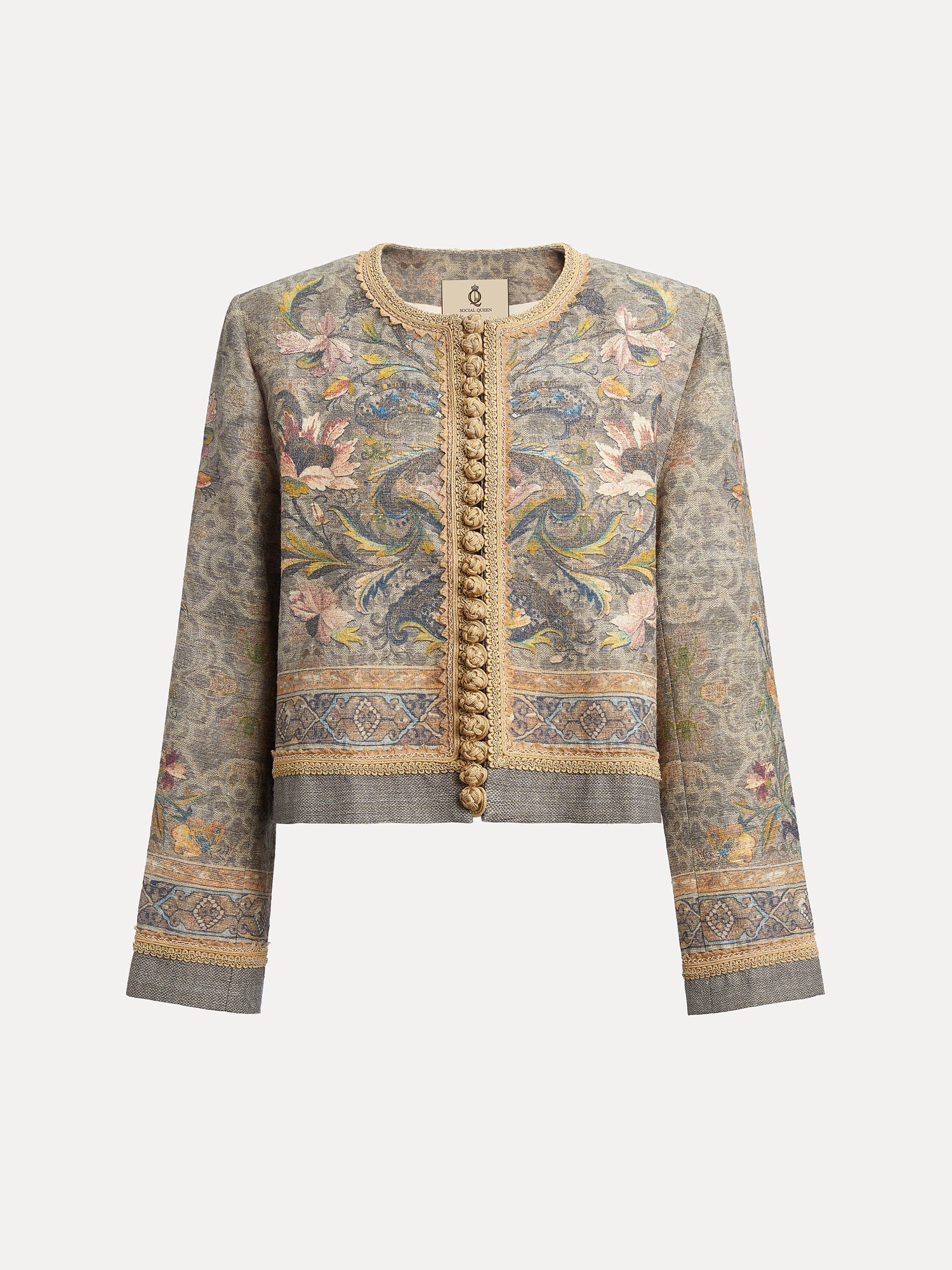 Social Queen’s Hand-Beaded Printed Jacket features long sleeves, a cropped fit, intricate floral and paisley embroidery, gold-toned trim, and decorative front buttons.
