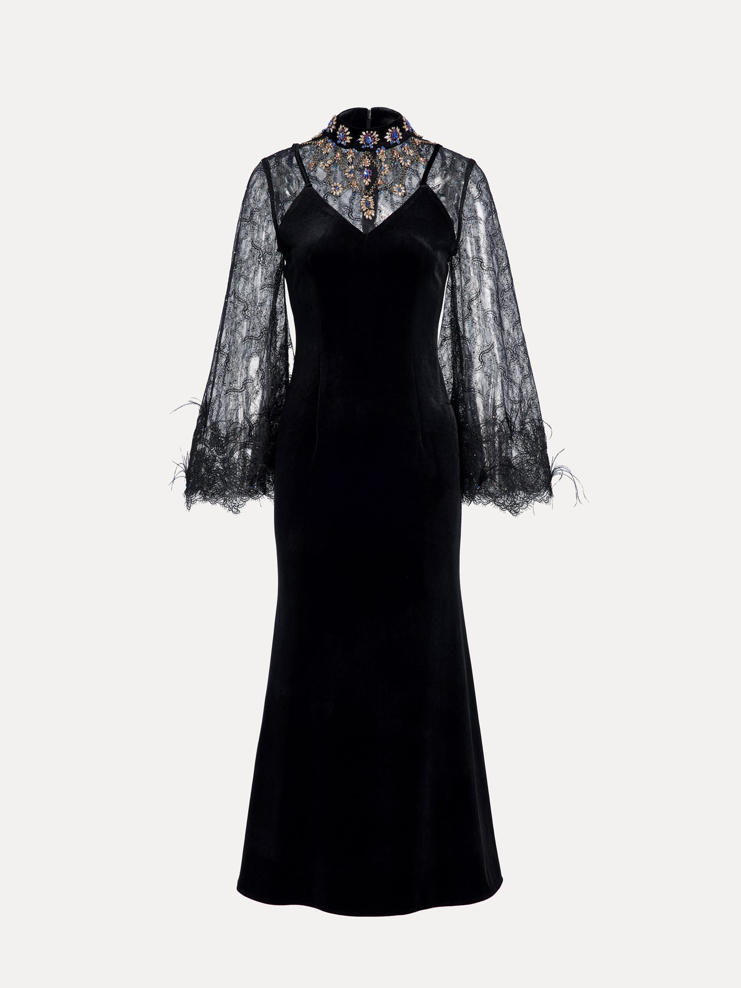 The Social Queen Hand-Sewn Crystal Velvet Feather Mermaid Gown features black velvet, sheer lace bell sleeves, a high collar, jeweled neckline embellishments, and elegant lace details.