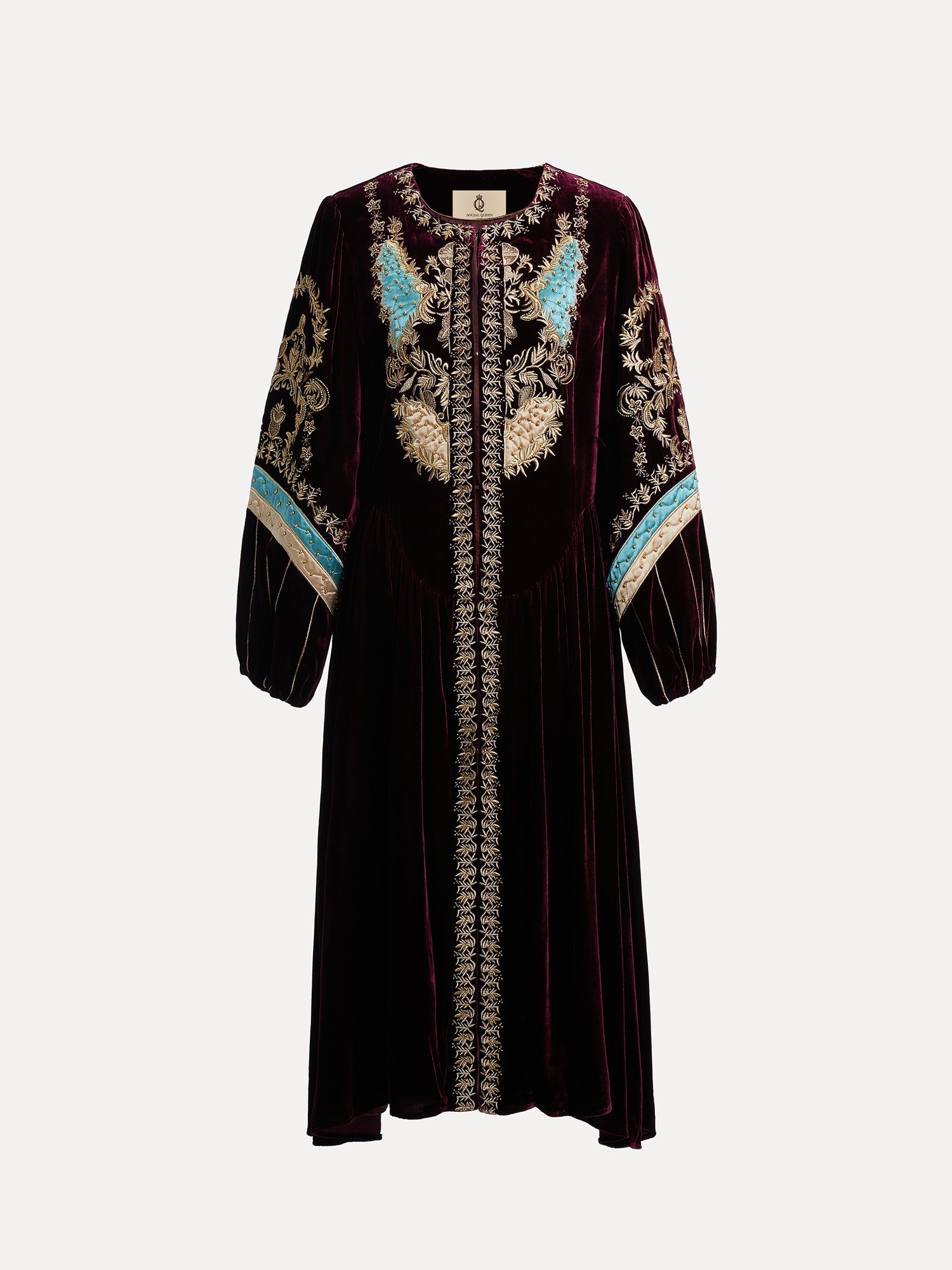 The Social Queen Handcrafted Embroidered Velvet Jacket features vintage-inspired glamour with intricate gold, blue, and beige embroidery on the chest, sleeves, and front.