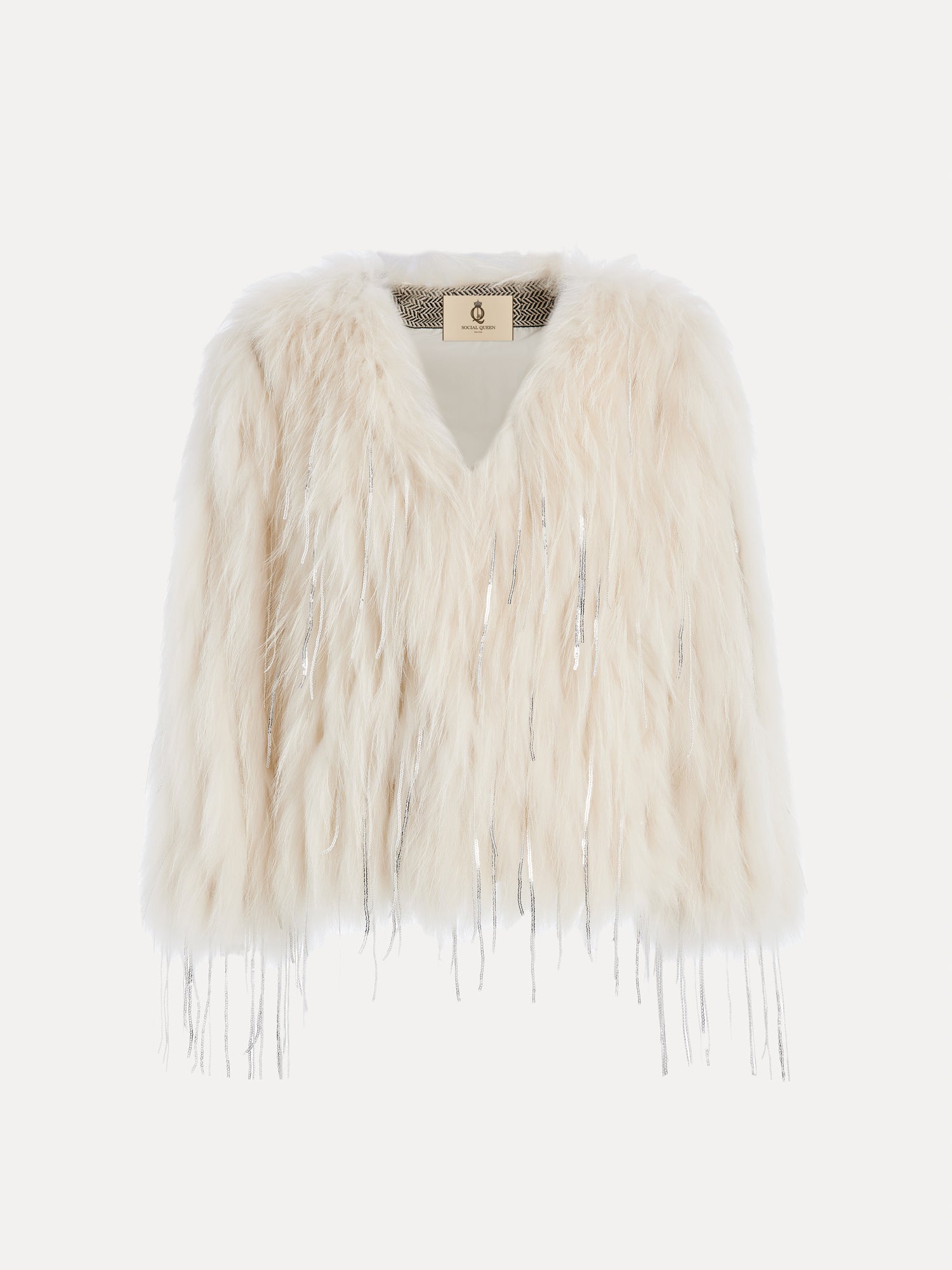 The Handmade Fringed Trench Coat in Genuine Wool by Social Queen features elegant silver tassel trim and is displayed on a white background.