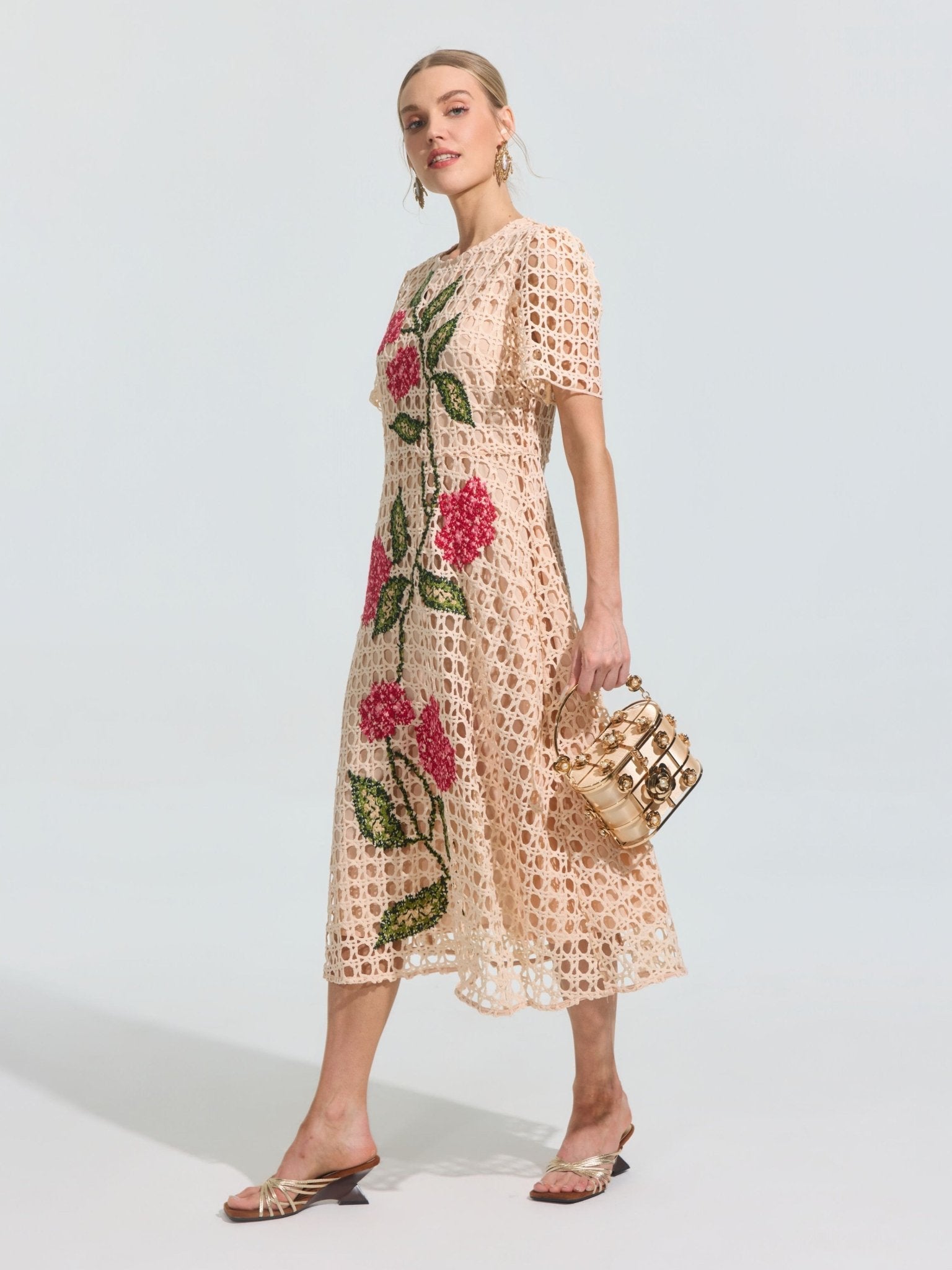 Hydrangea Embroidered Openwork Dress - Social Queen