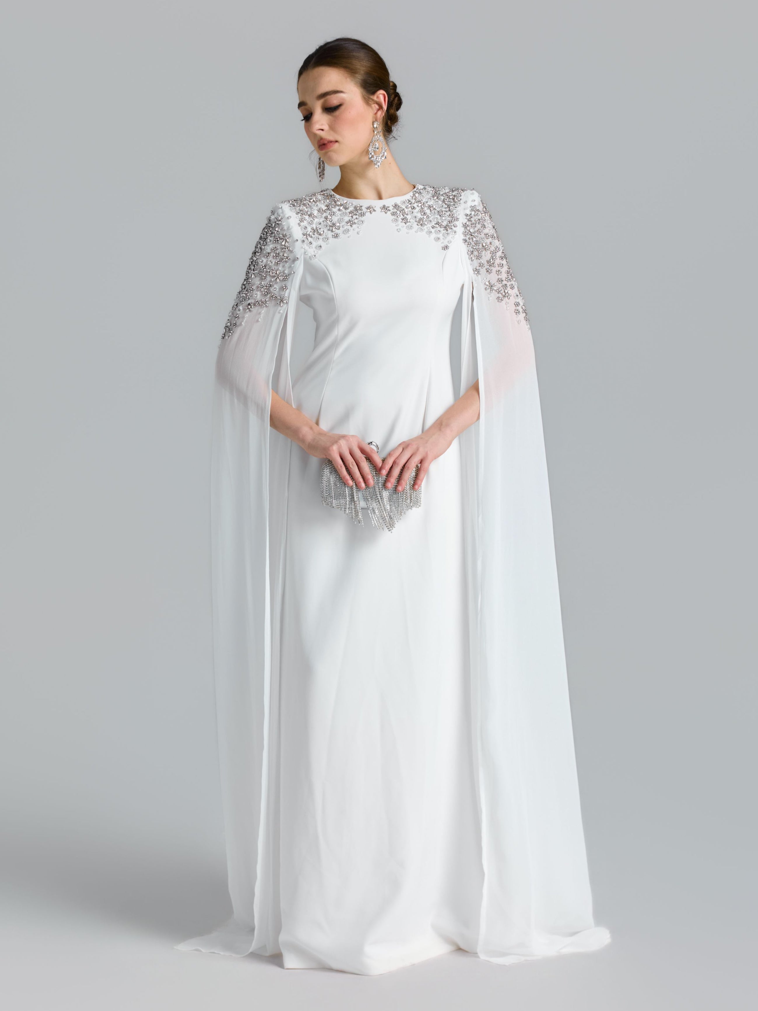 Crystal Cape Sleeve Evening Gown