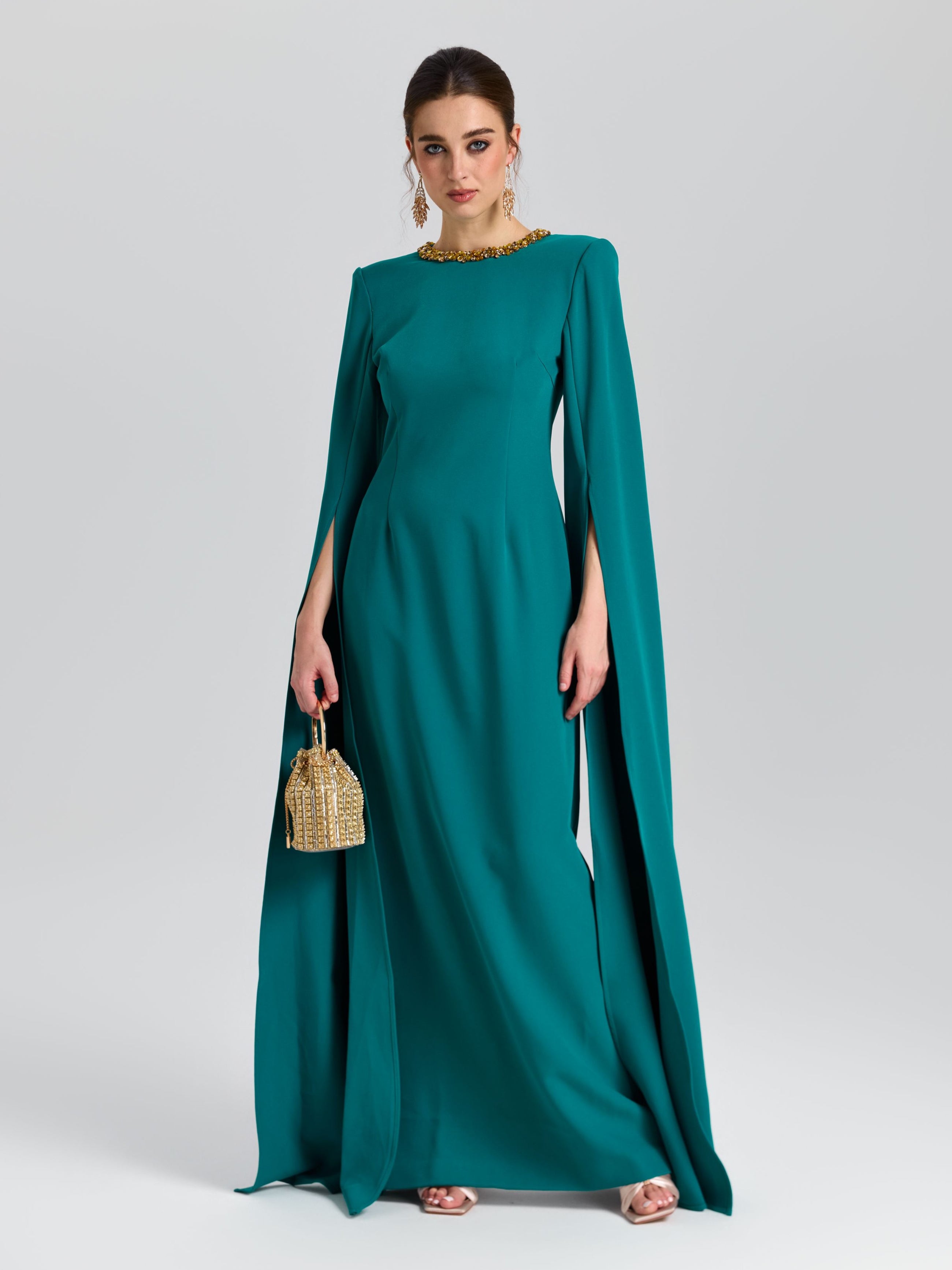 Beaded Cape Sleeve A-Line Gown