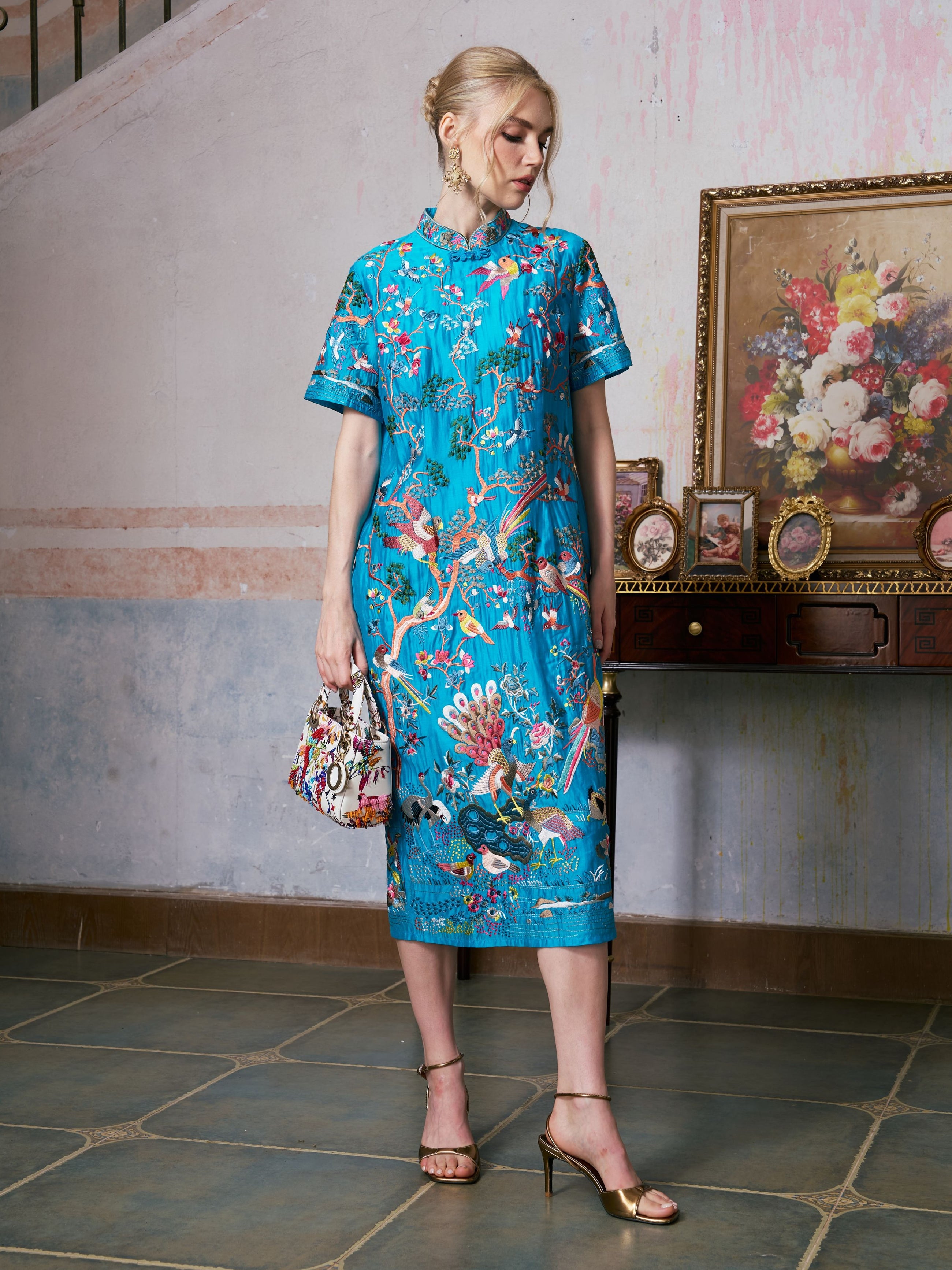 Allover Bird-Embroidered Dress