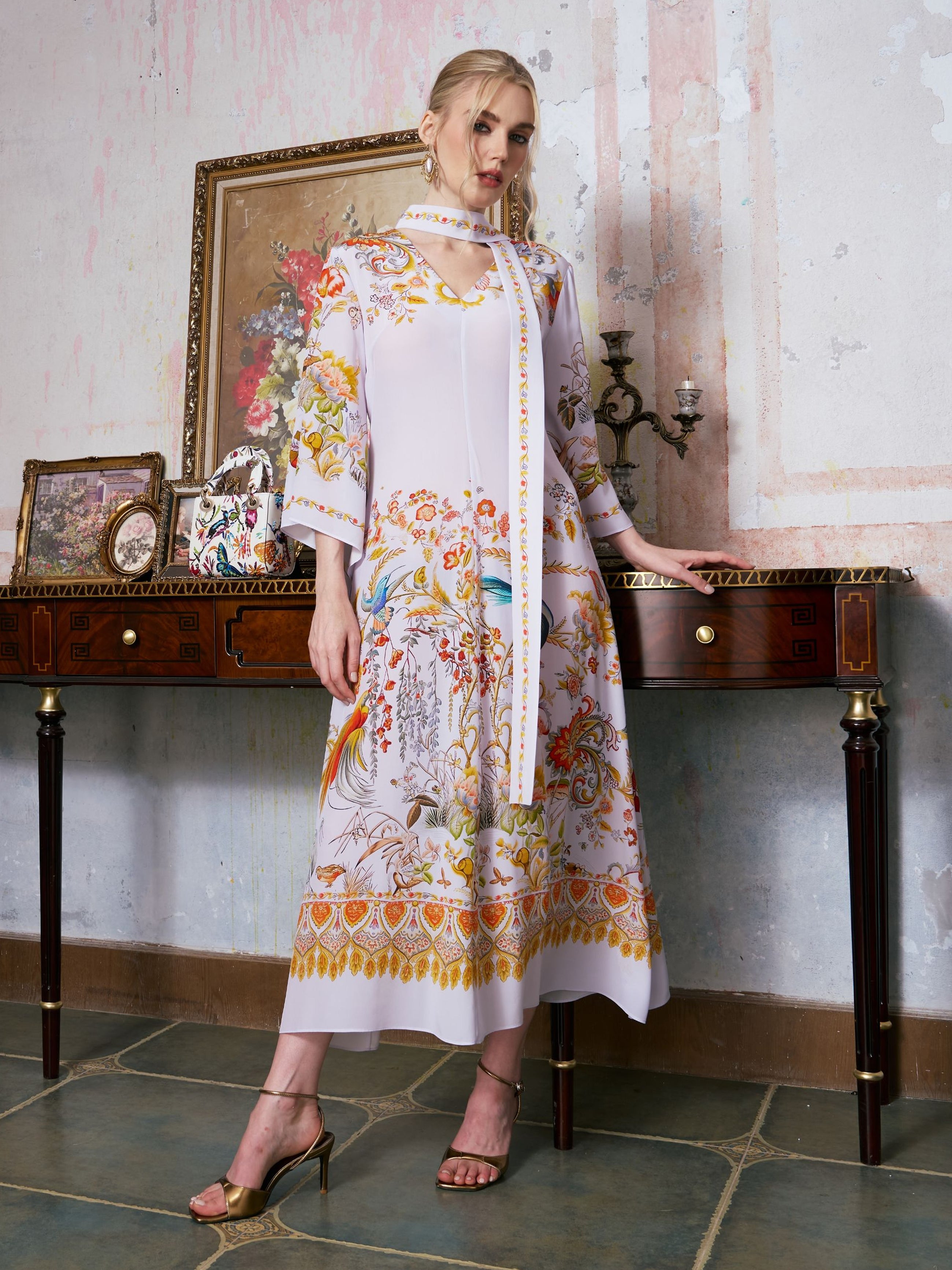 Floral Bird Print Silk Dress with Scarf