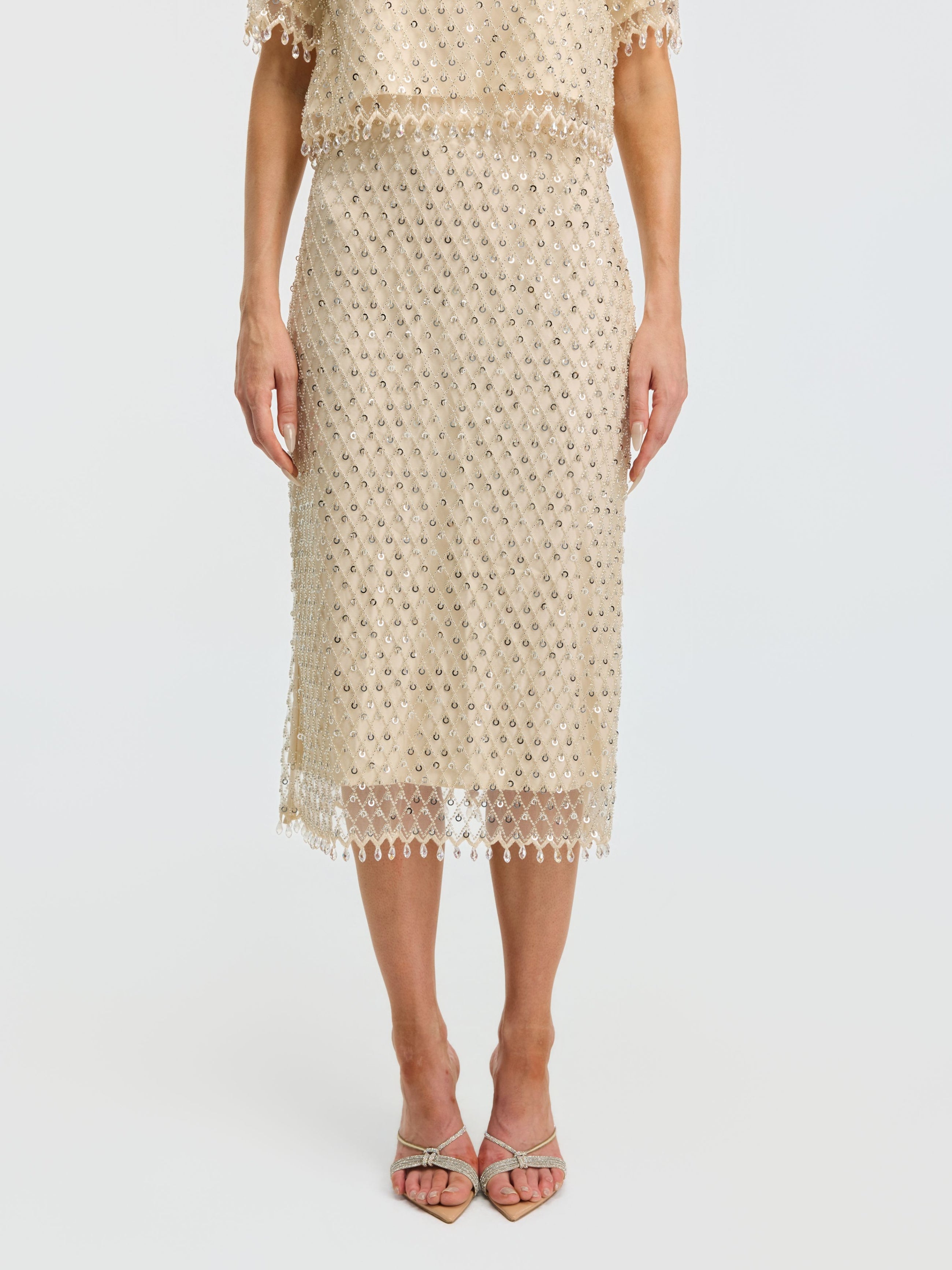 Crystal Beaded Fringe Midi Skirt