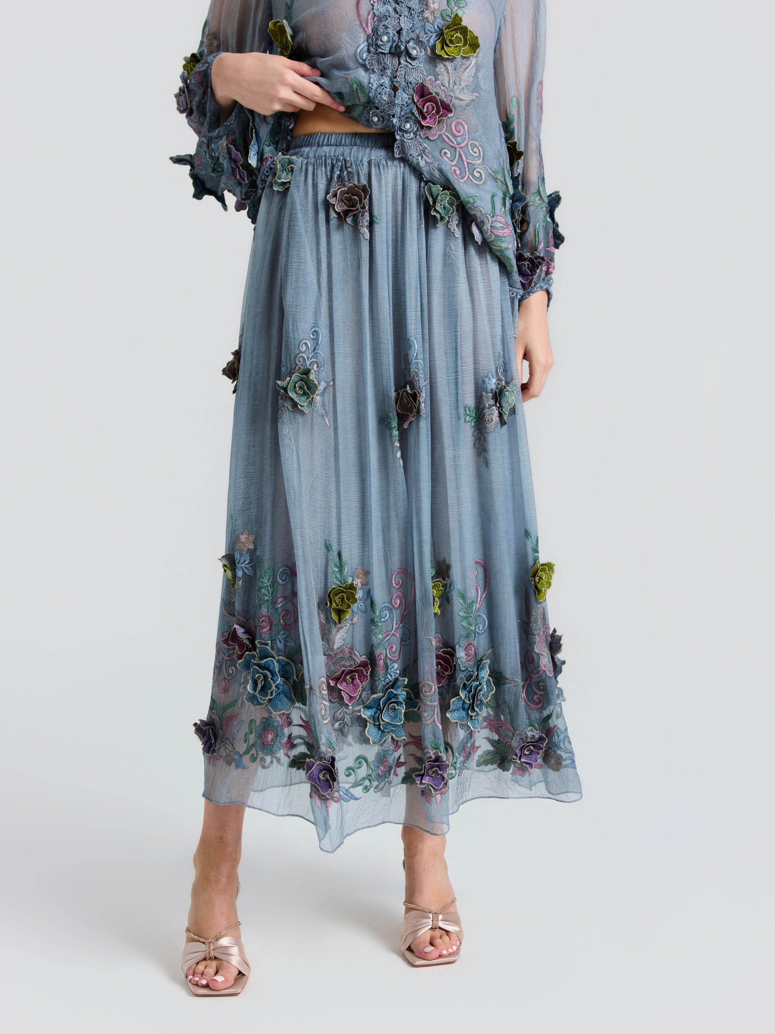 3D Floral Embroidered Silk Skirt