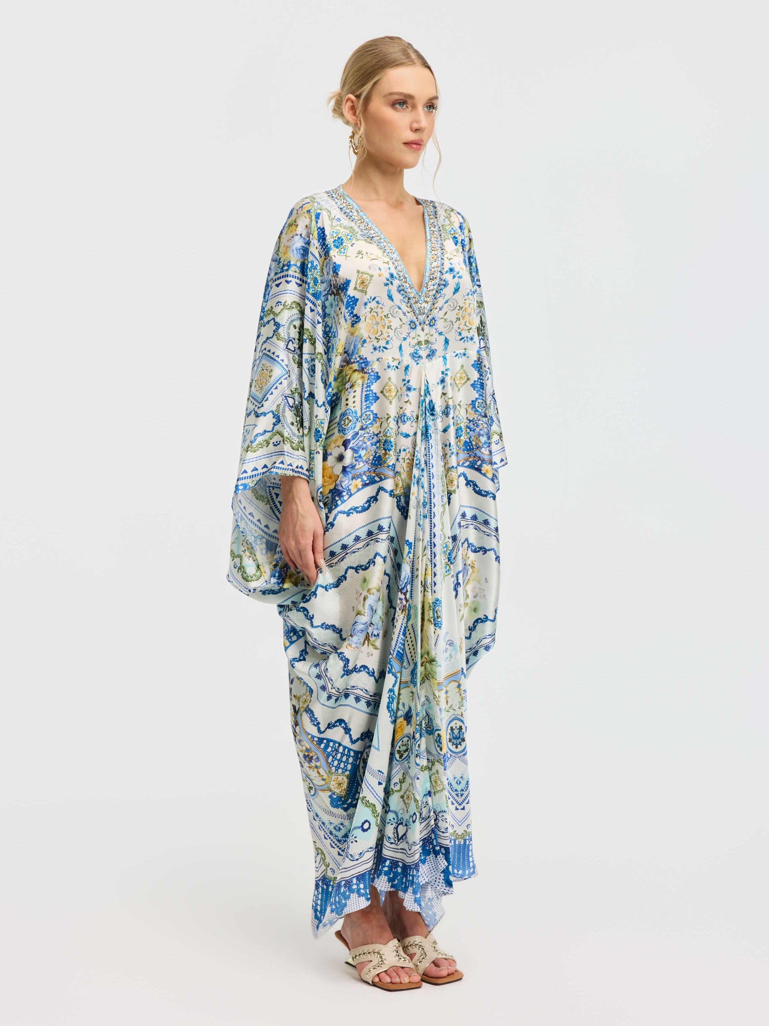 Geometric Floral Mulberry Silk Robe Dress