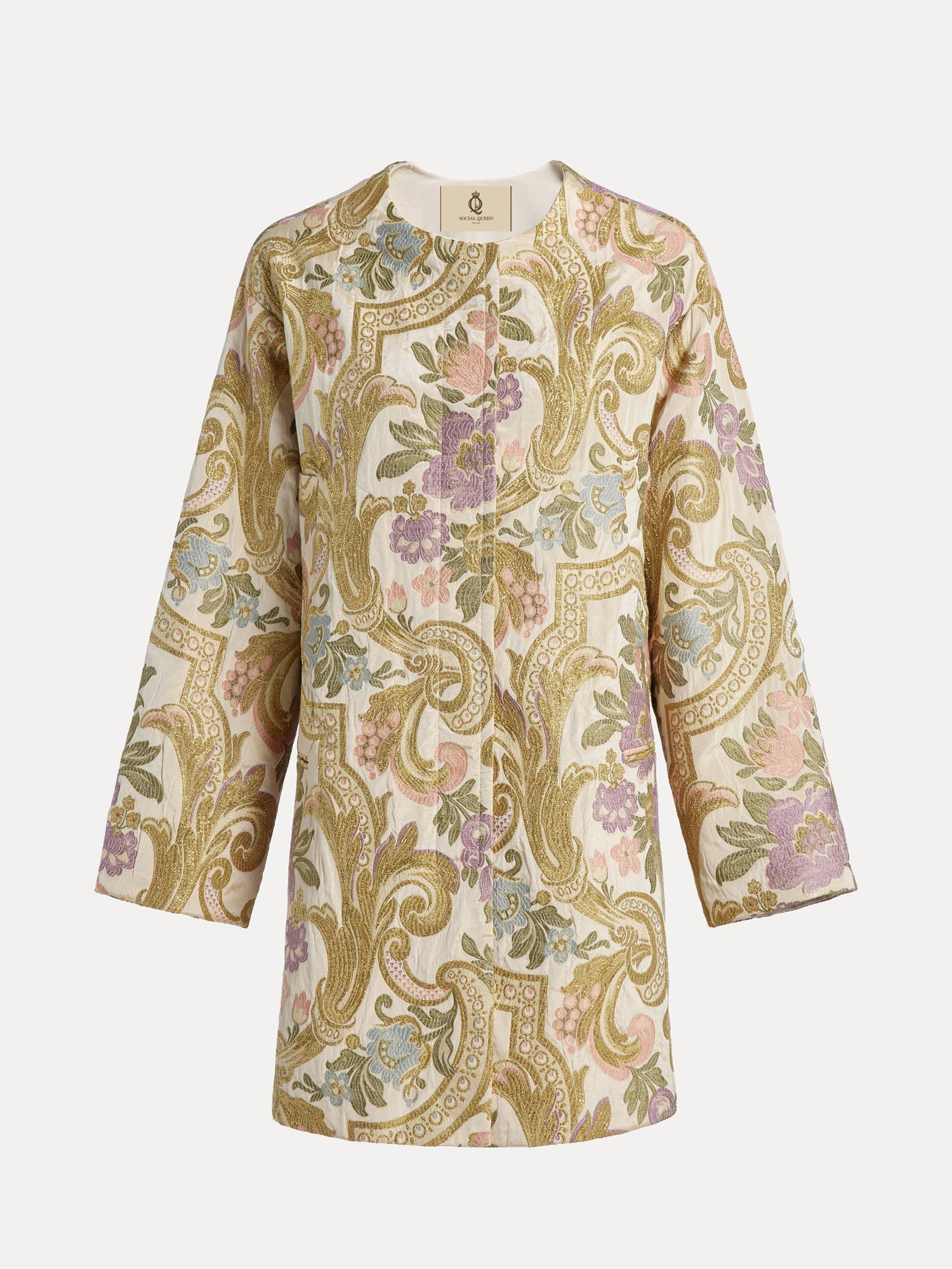 The Social Queen Italian Baroque Floral Metallic Jacquard Jacket features a collarless, long-sleeve design with ornate gold, green, purple, and pink florals on cream for a vintage-inspired look.