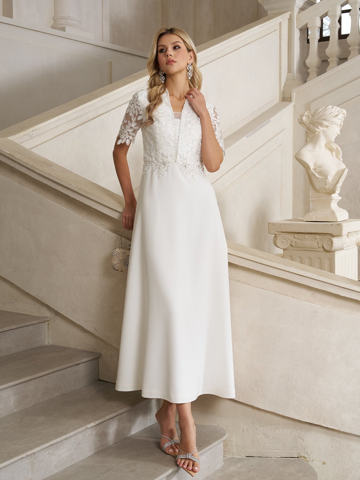 Lace-Panel Satin A-Line Gown White / 4XL