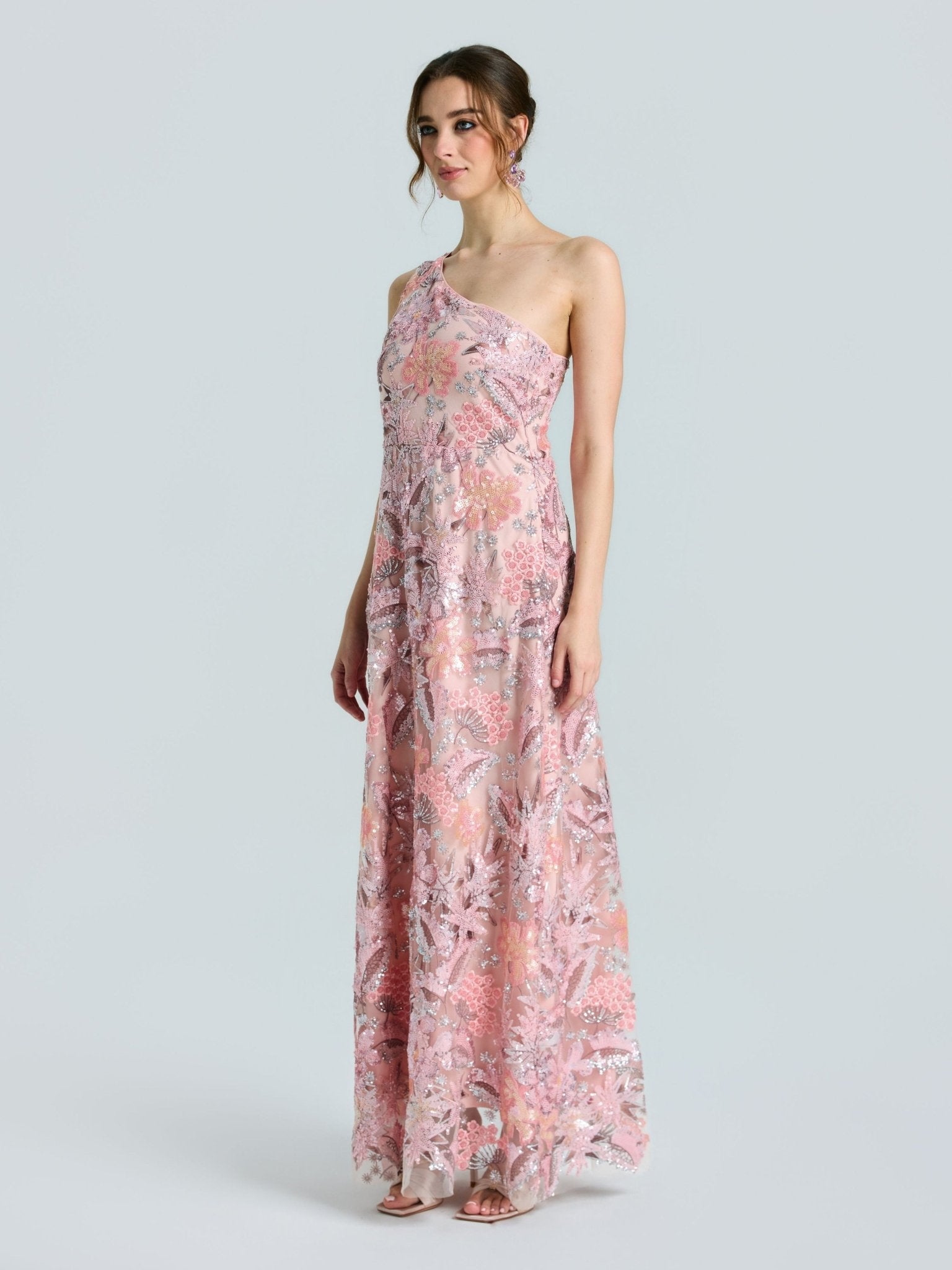 One-Shoulder Floral Sequin Embroidered Dress - Social Queen