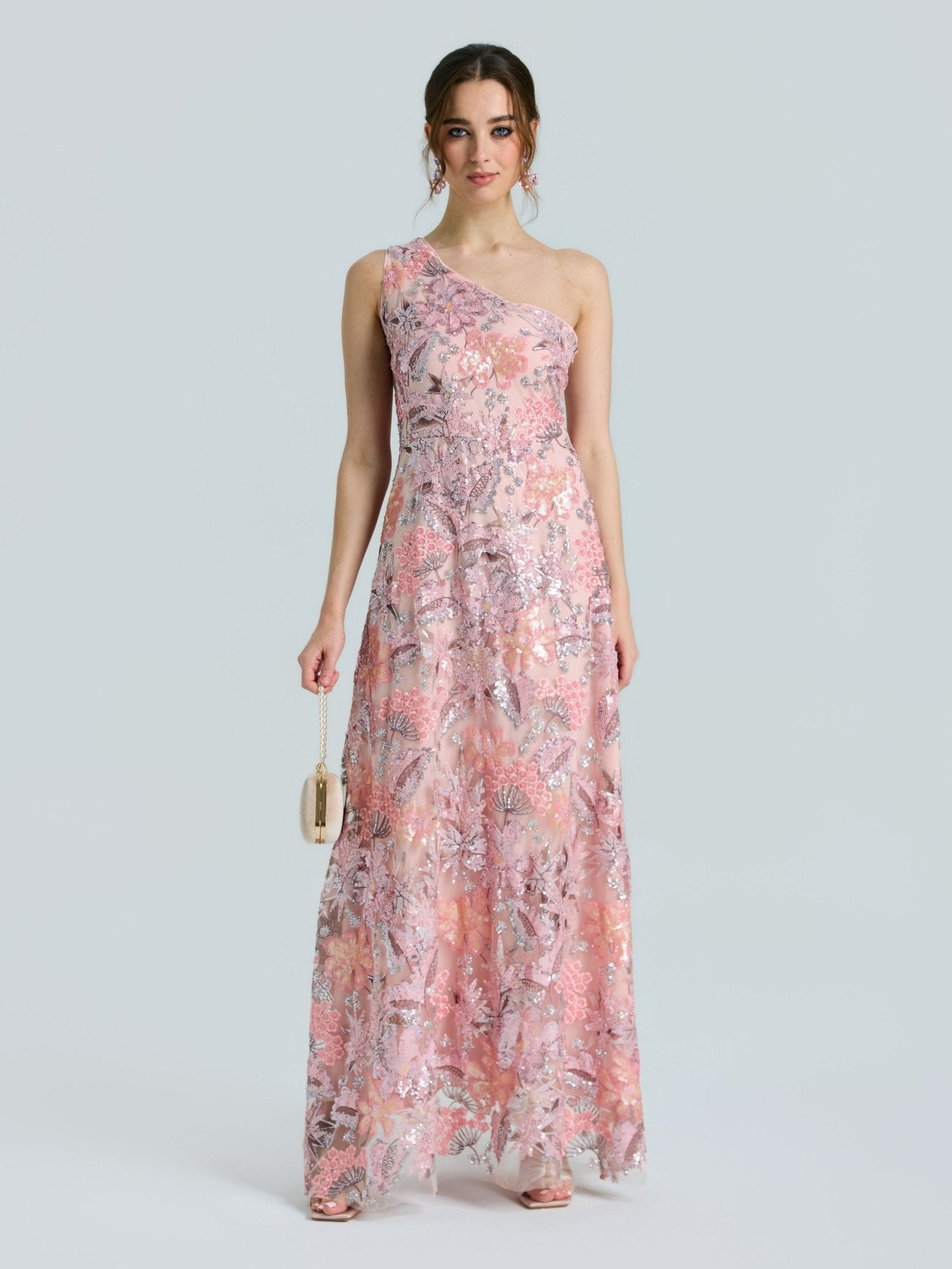 One-Shoulder Floral Sequin Embroidered Dress - Social Queen