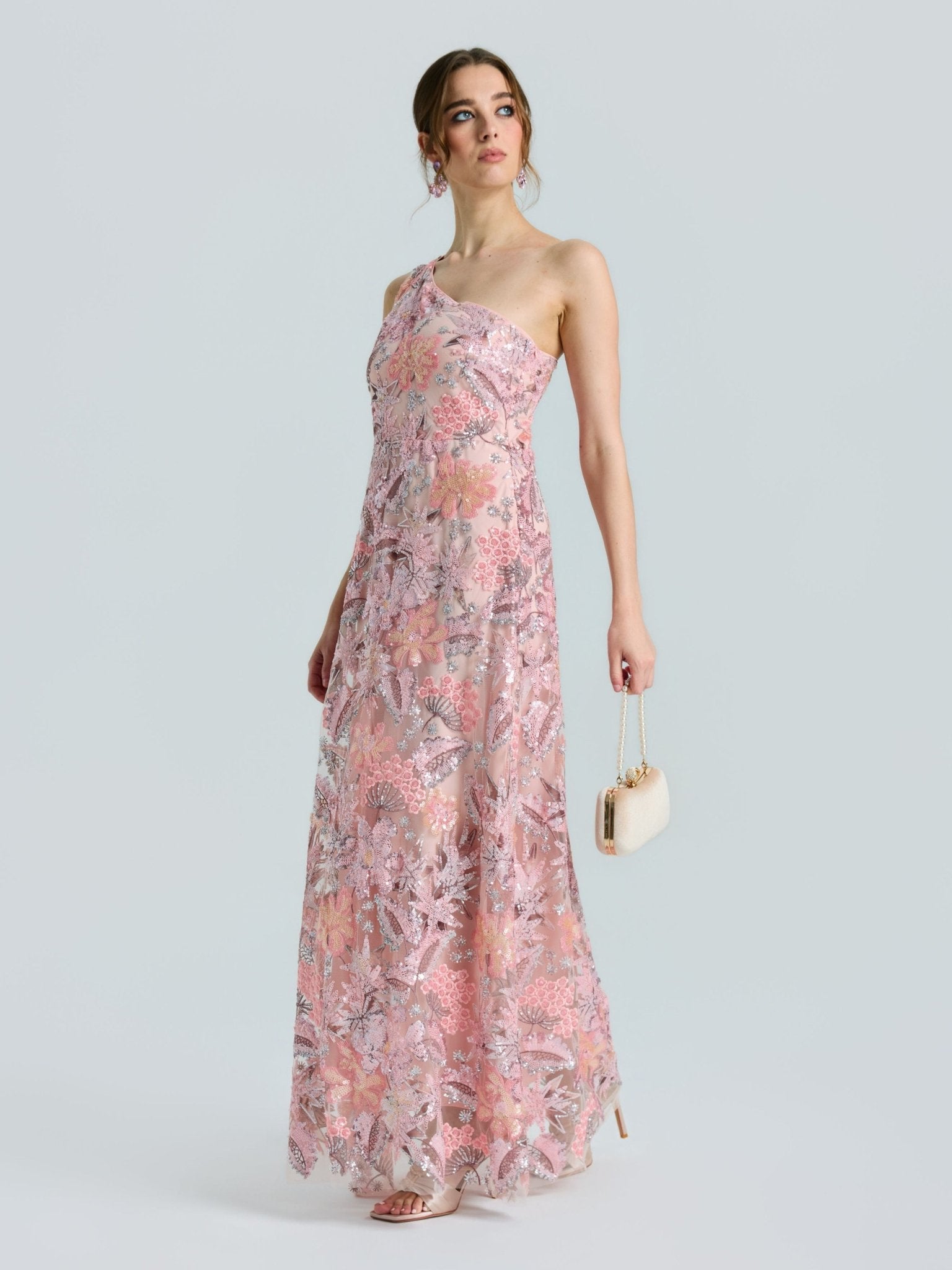 One-Shoulder Floral Sequin Embroidered Dress - Social Queen