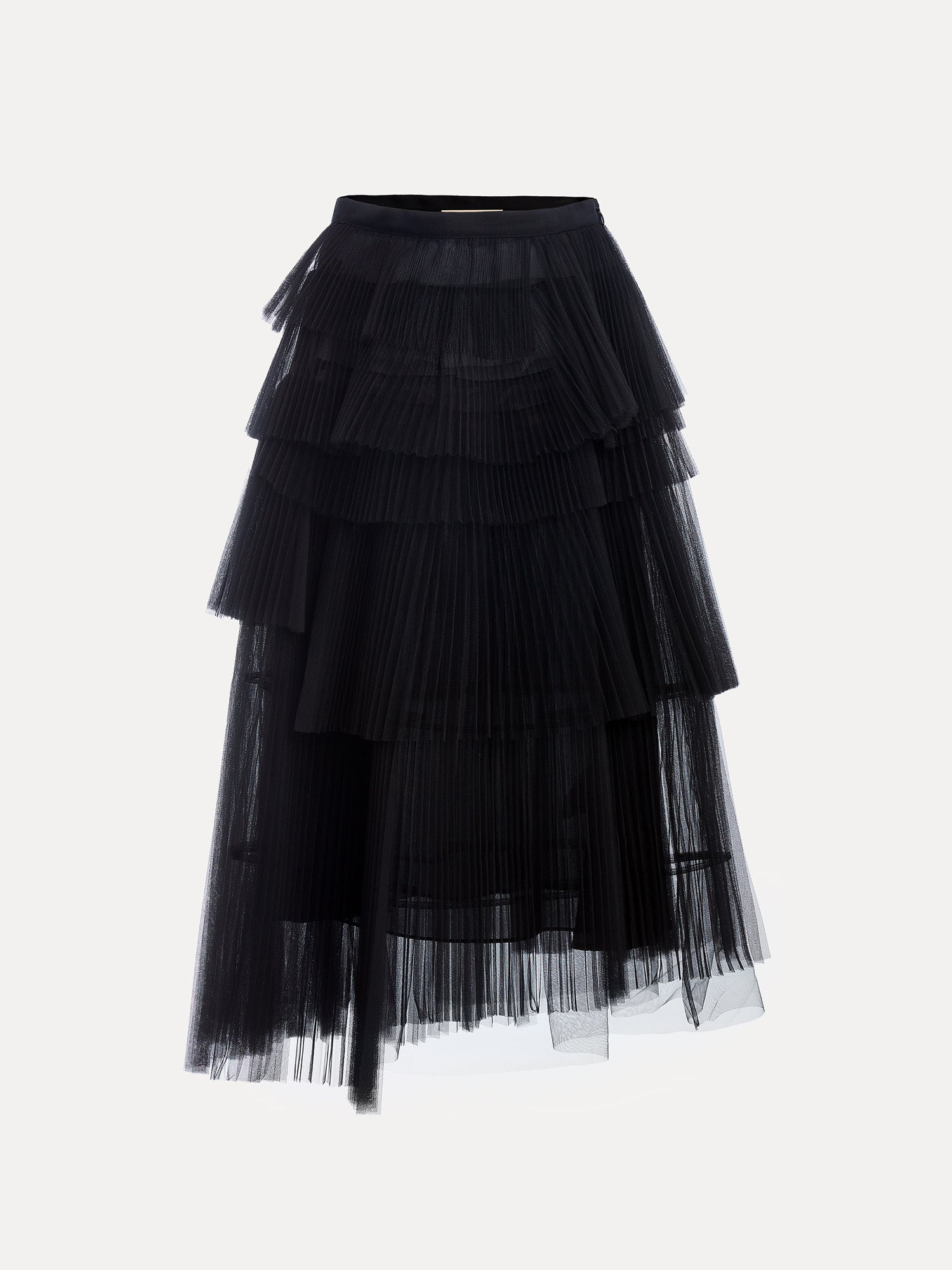 The Social Queen Organza Pleated Skirt in black features tiered hemlines, layered pleats, and a fitted waistband, shown against a white background.