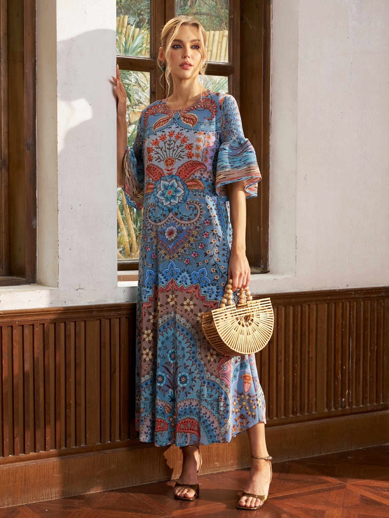 Paisley Print Pleated Midi Dress KHAKI / OS Paisley Print Pleated Midi Dress KHAKI / OS