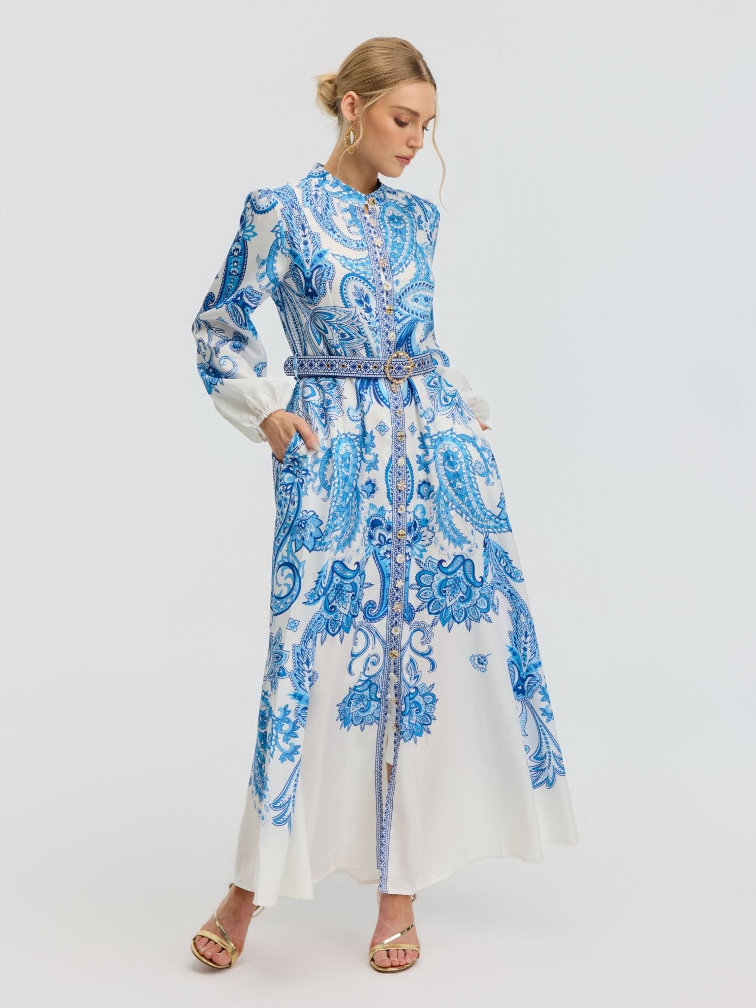 Paisley Print Shirt Dress(Belt included) - Social Queen