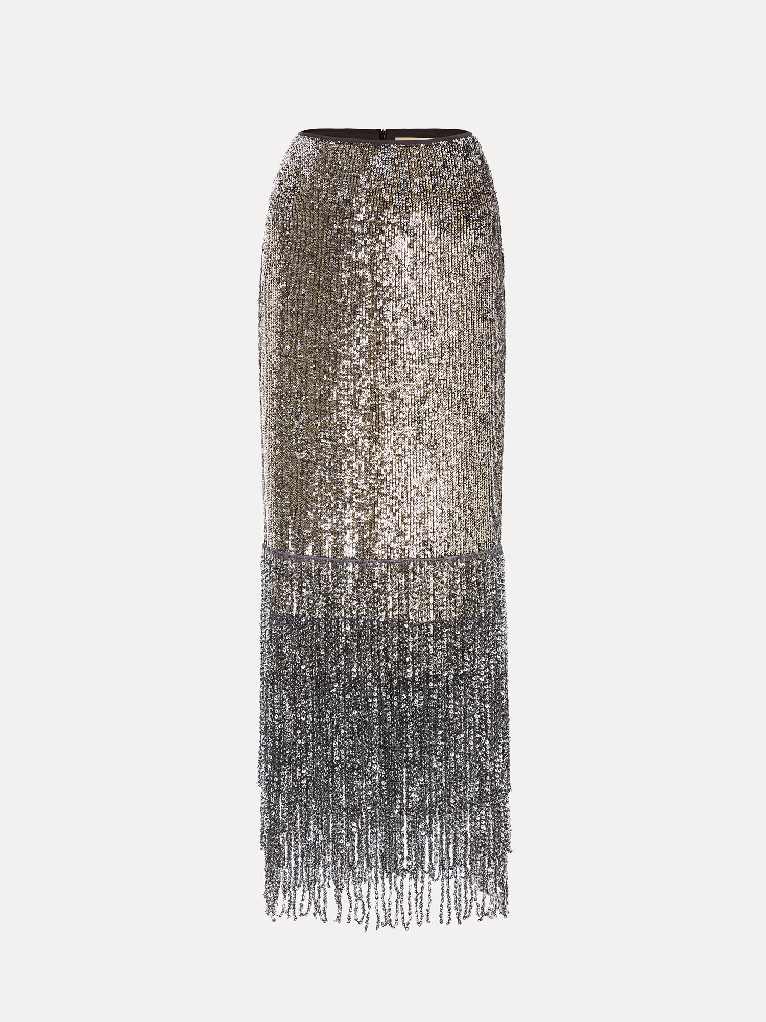 The Social Queen Pearl-Trim Sequin Fringe Skirt showcases a fitted silhouette with dense silver sequins, pearl trim, and a fringe hem.