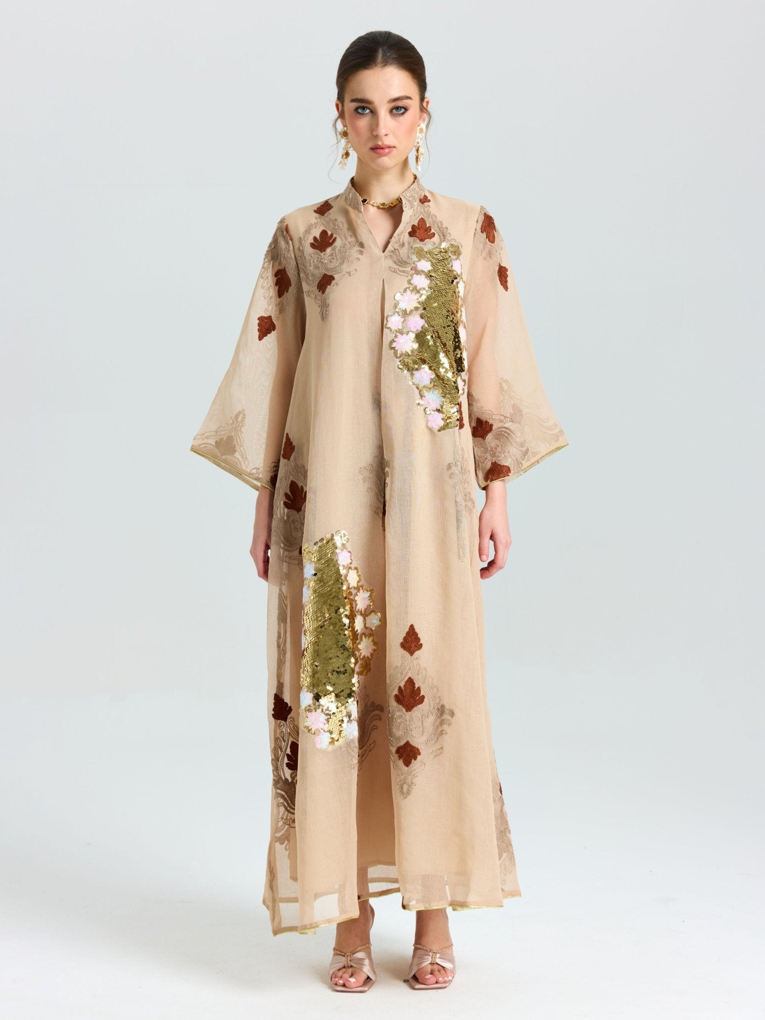 Placement Embroidered Linen Dress KHAKI / L