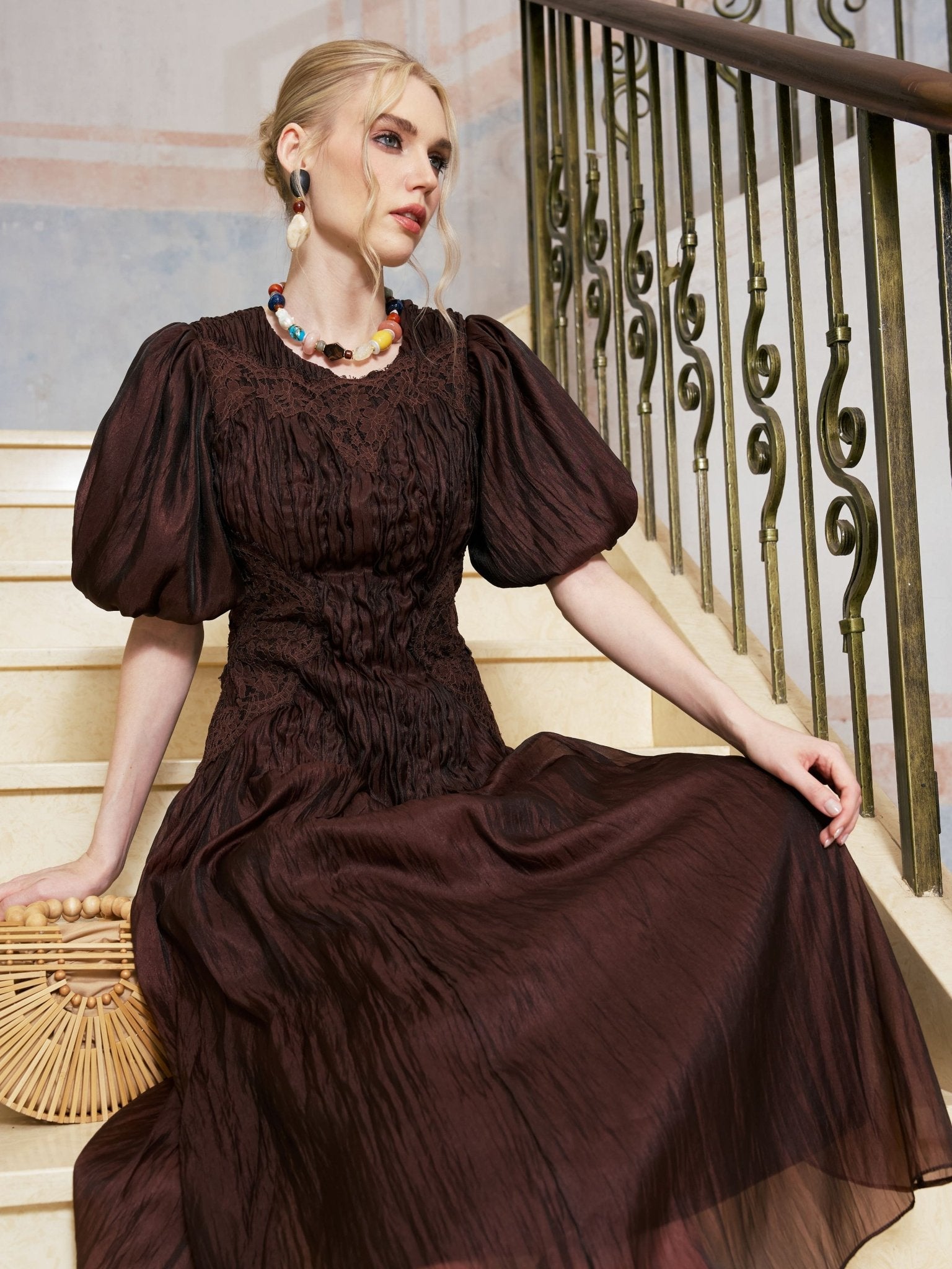 Puff Sleeve Textured Lace Dress BROWN / S