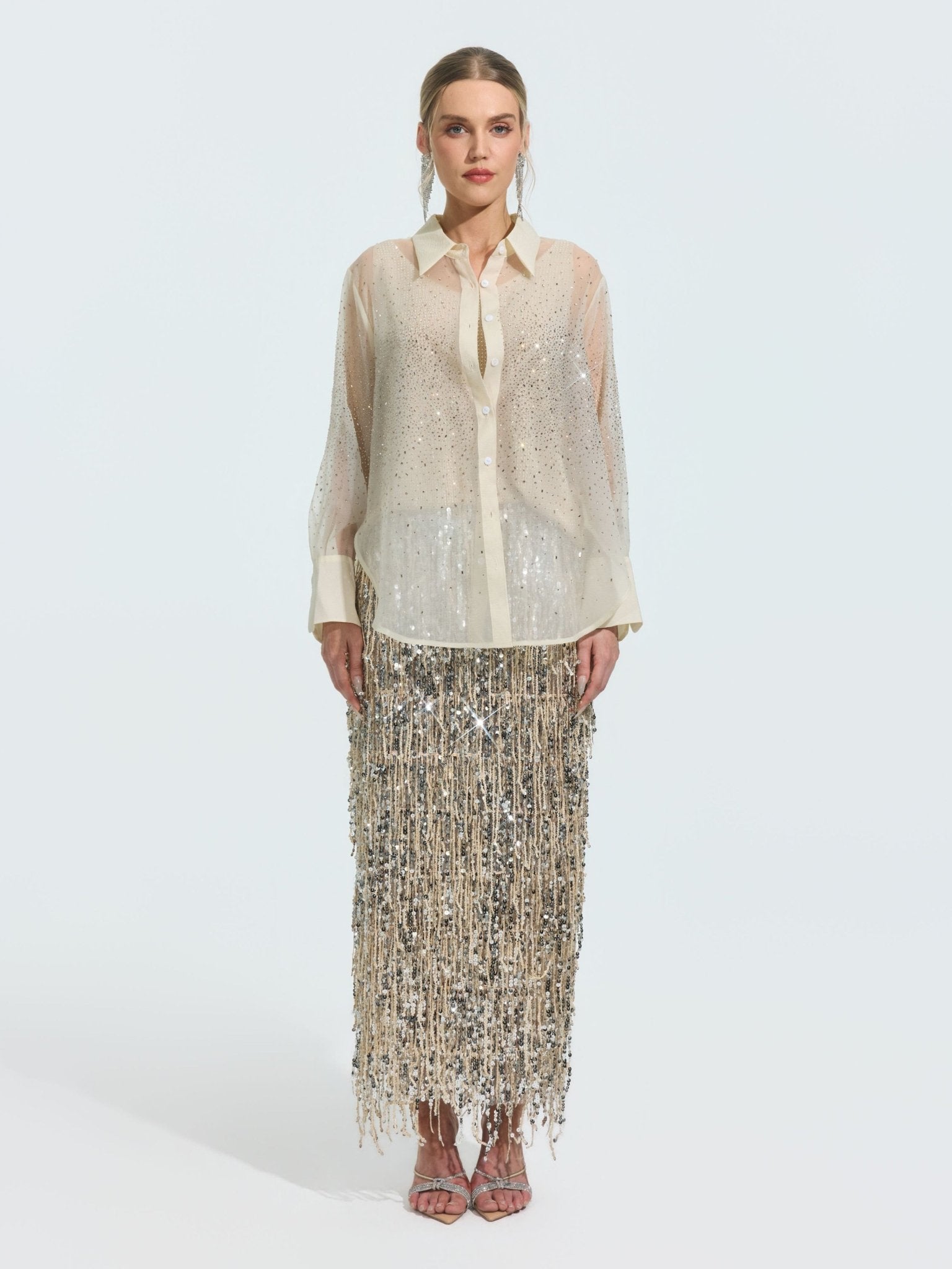 Rhinestone Detail Sheer Shirt (Camisole Not Included) - Social Queen