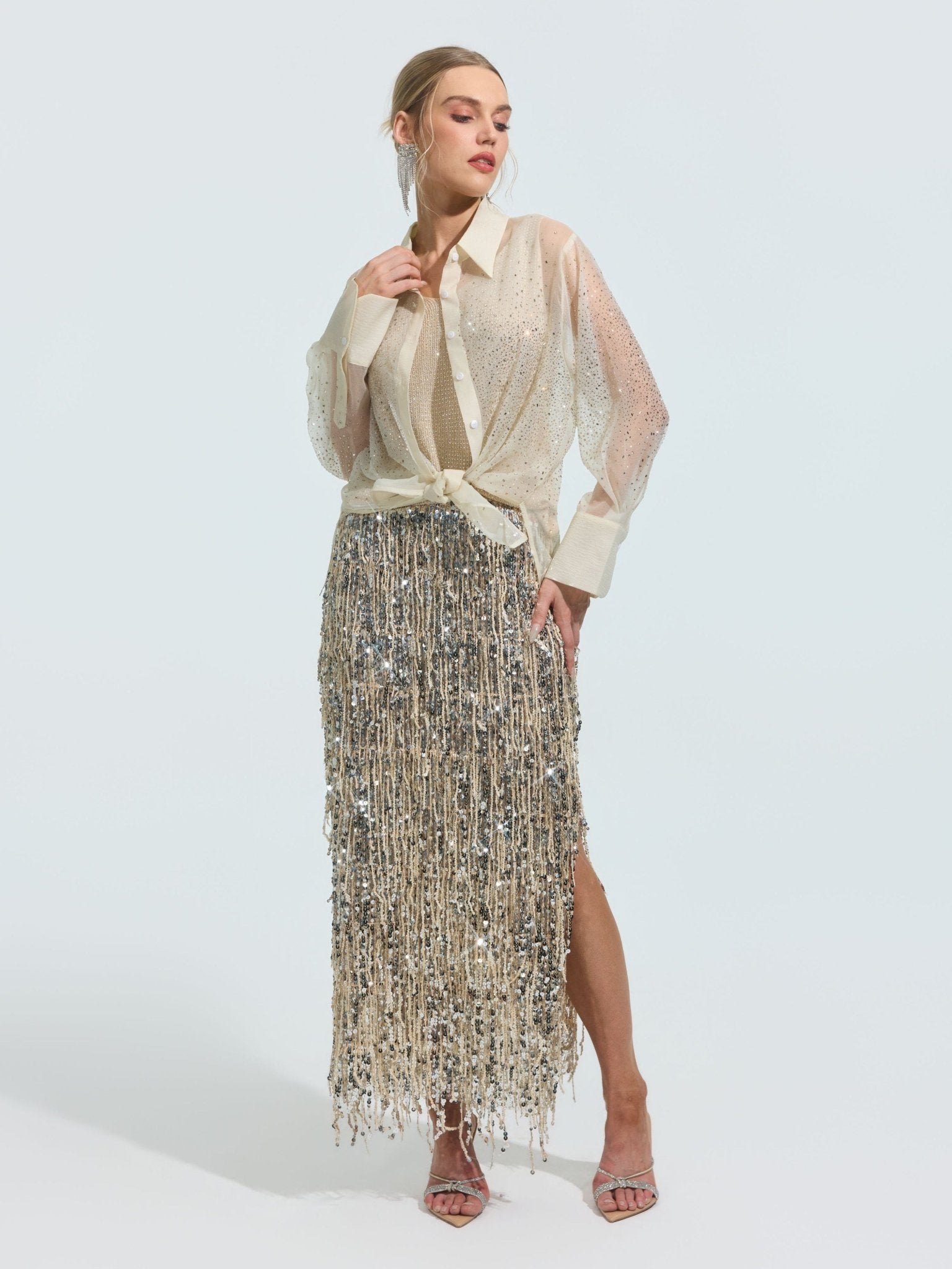 Rhinestone Detail Sheer Shirt (Camisole Not Included) - Social Queen