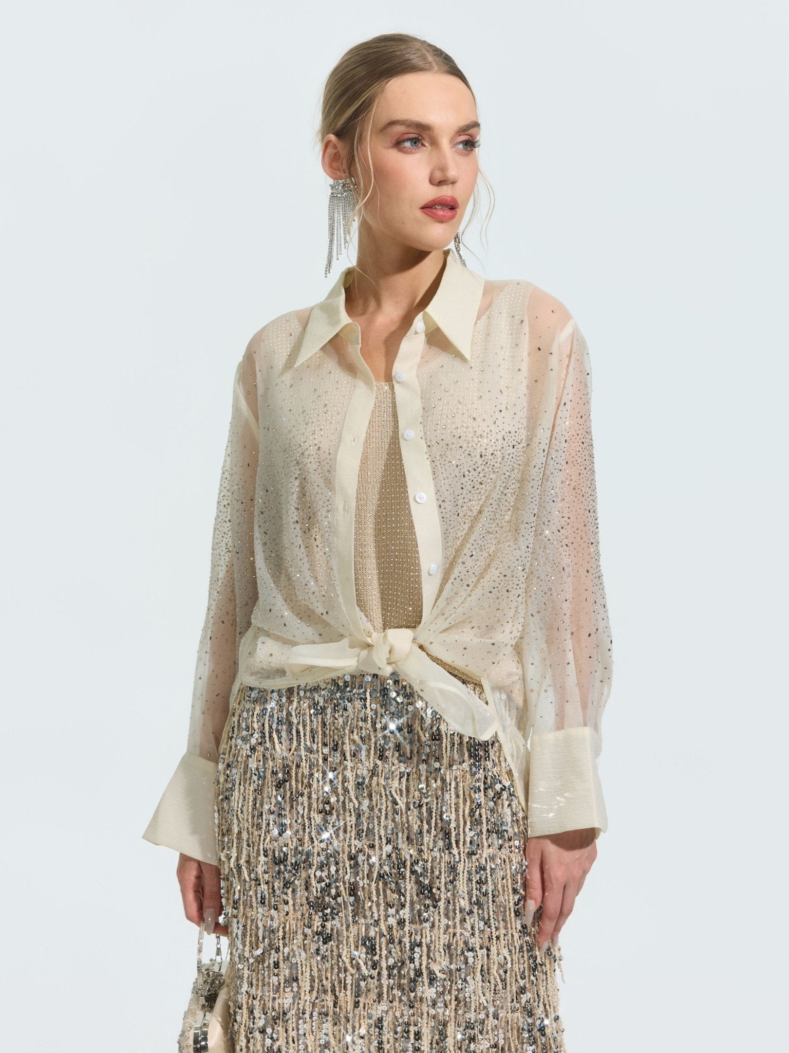 Rhinestone Detail Sheer Shirt (Camisole Not Included) - Social Queen