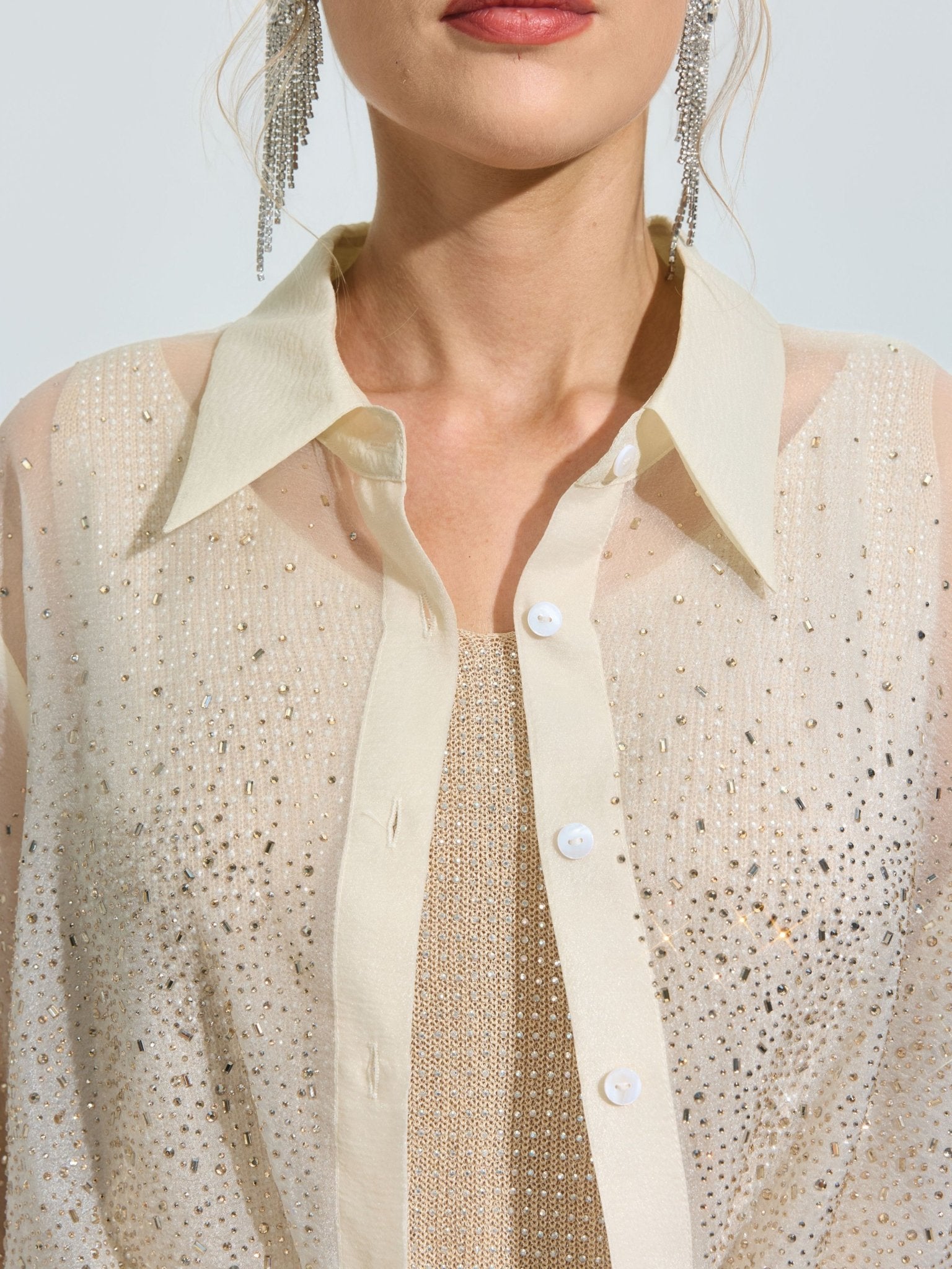 Rhinestone Detail Sheer Shirt (Camisole Not Included) - Social Queen