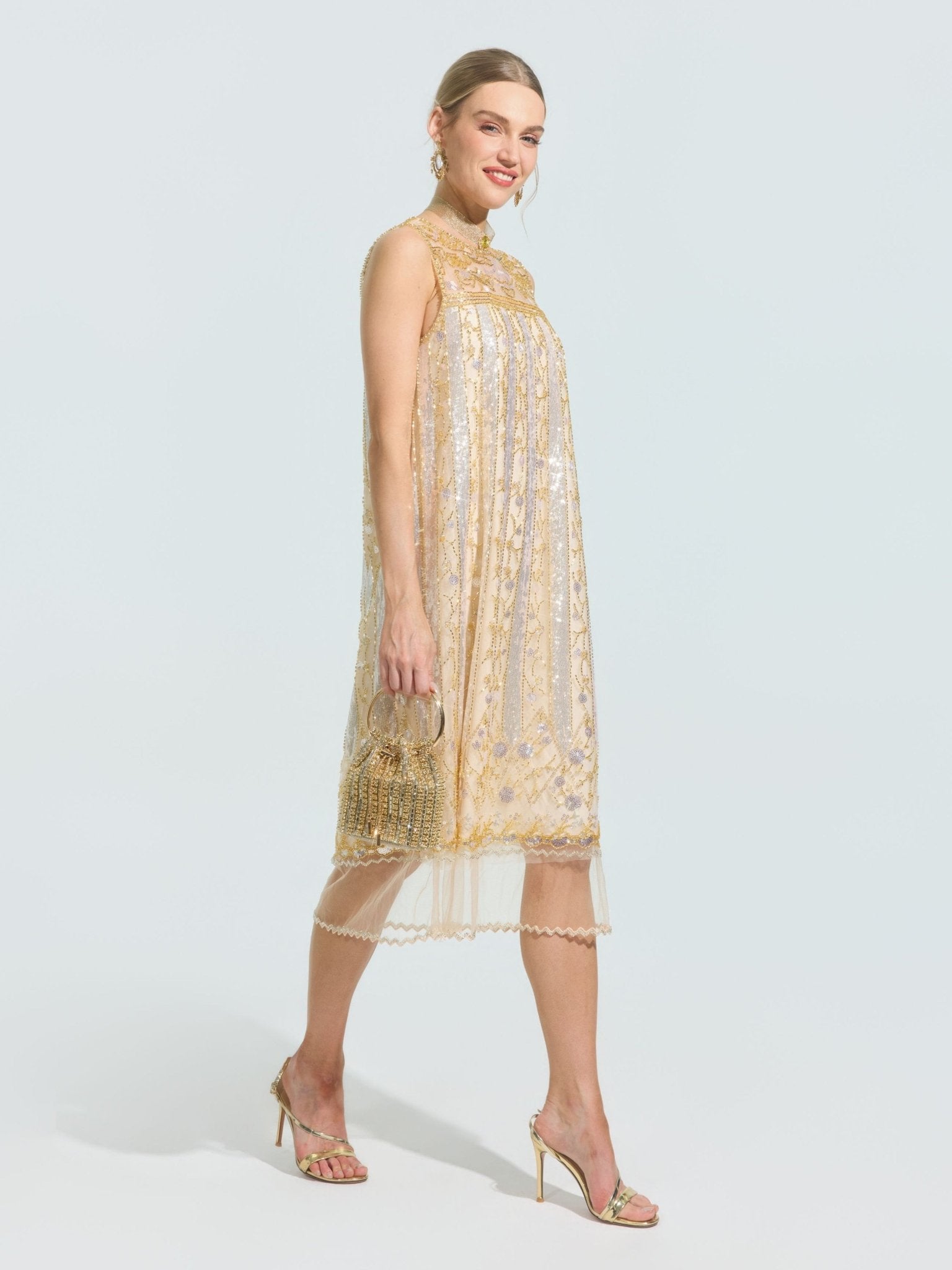 Rose Beaded Sequin Midi Dress - Social Queen