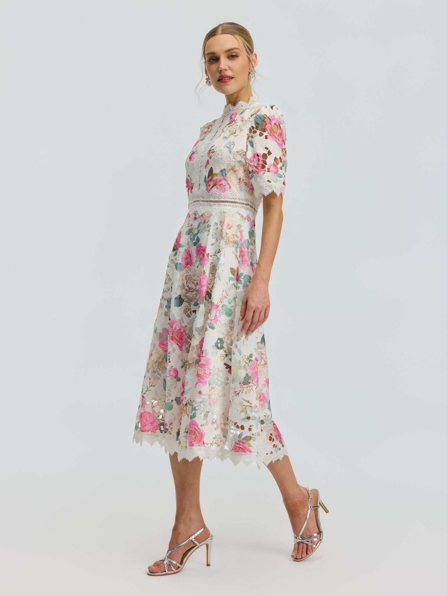 Rose Print Cutwork Lace Dress - Social Queen