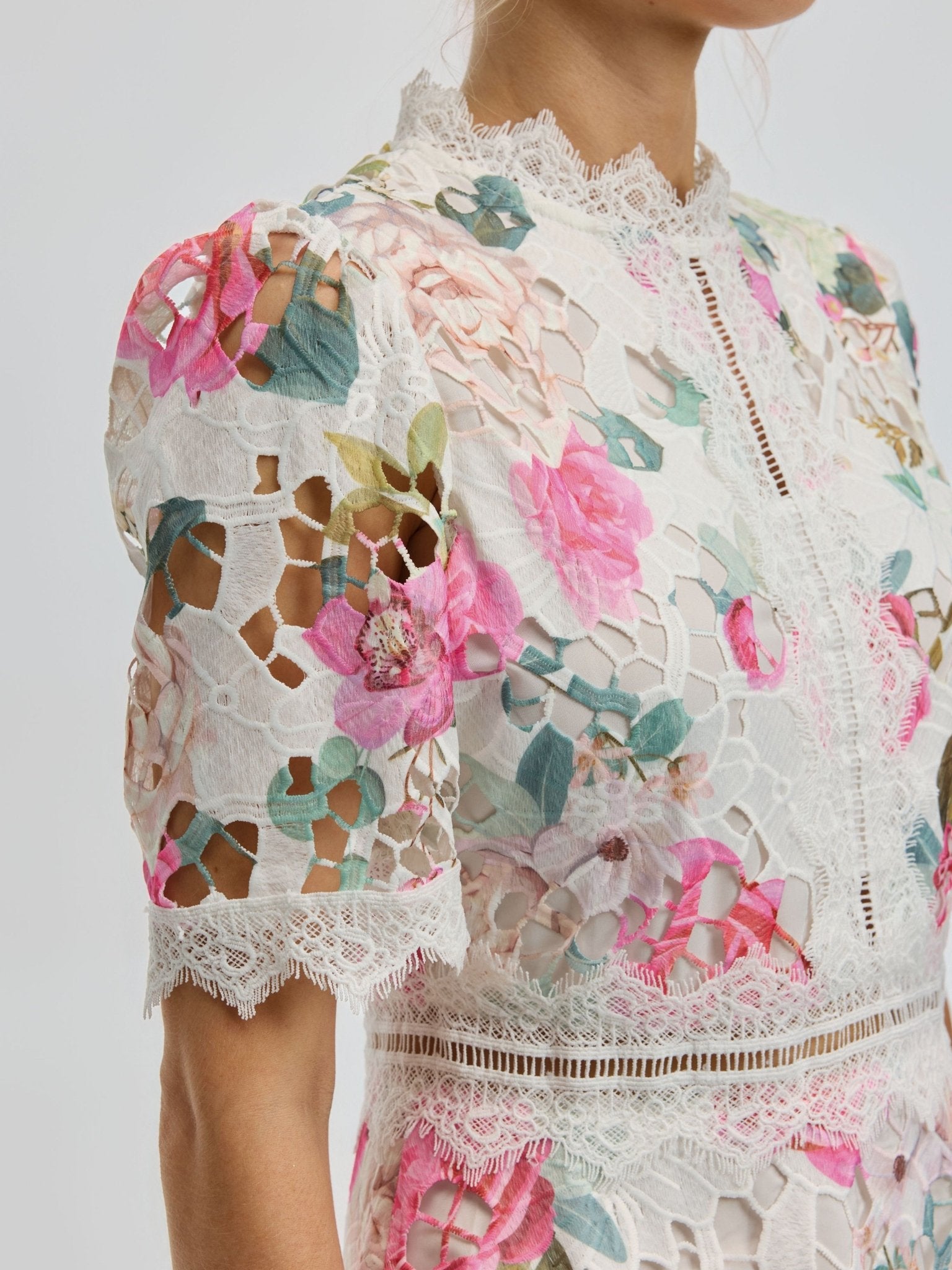 Rose Print Cutwork Lace Dress - Social Queen