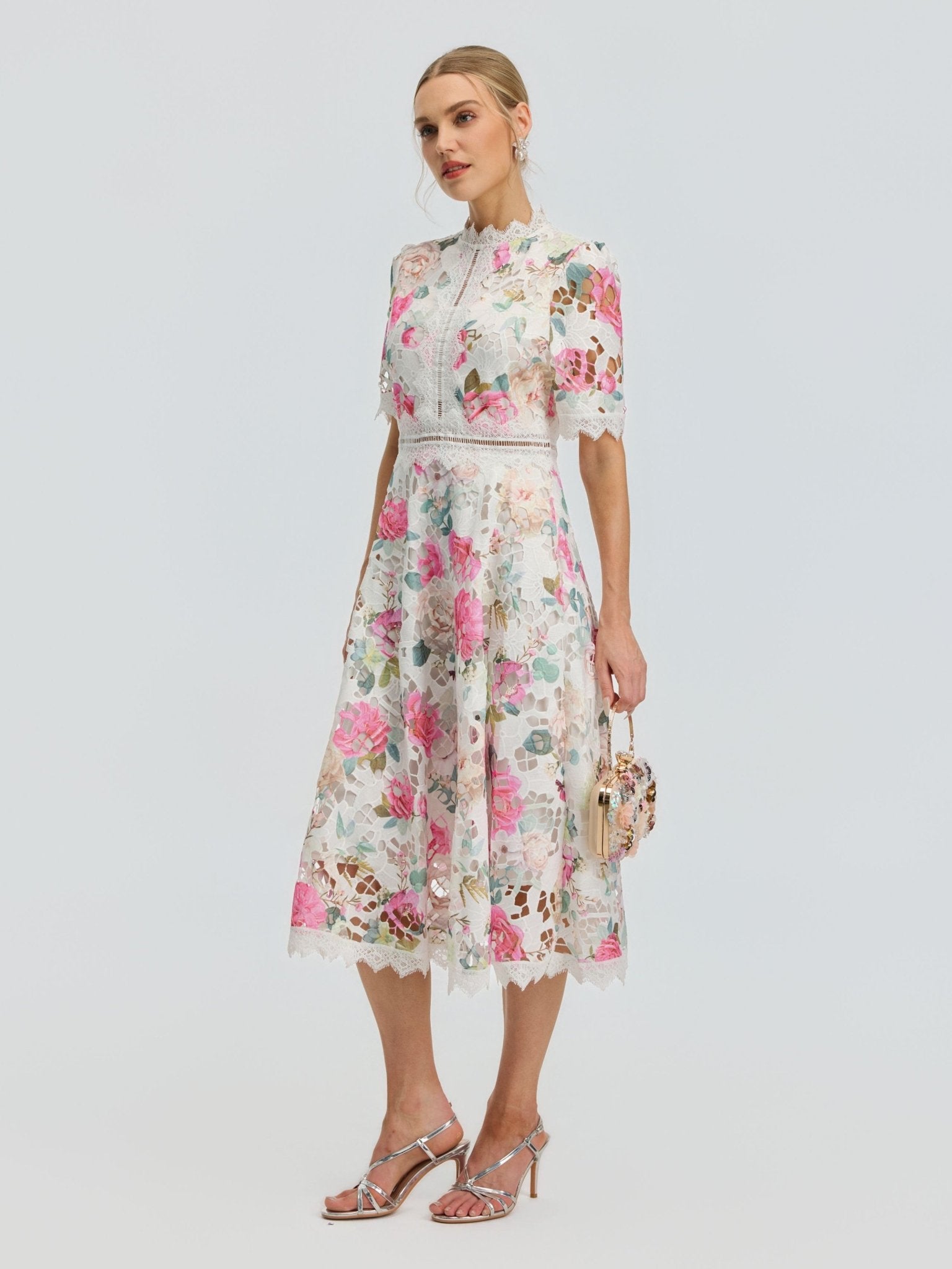 Rose Print Cutwork Lace Dress - Social Queen