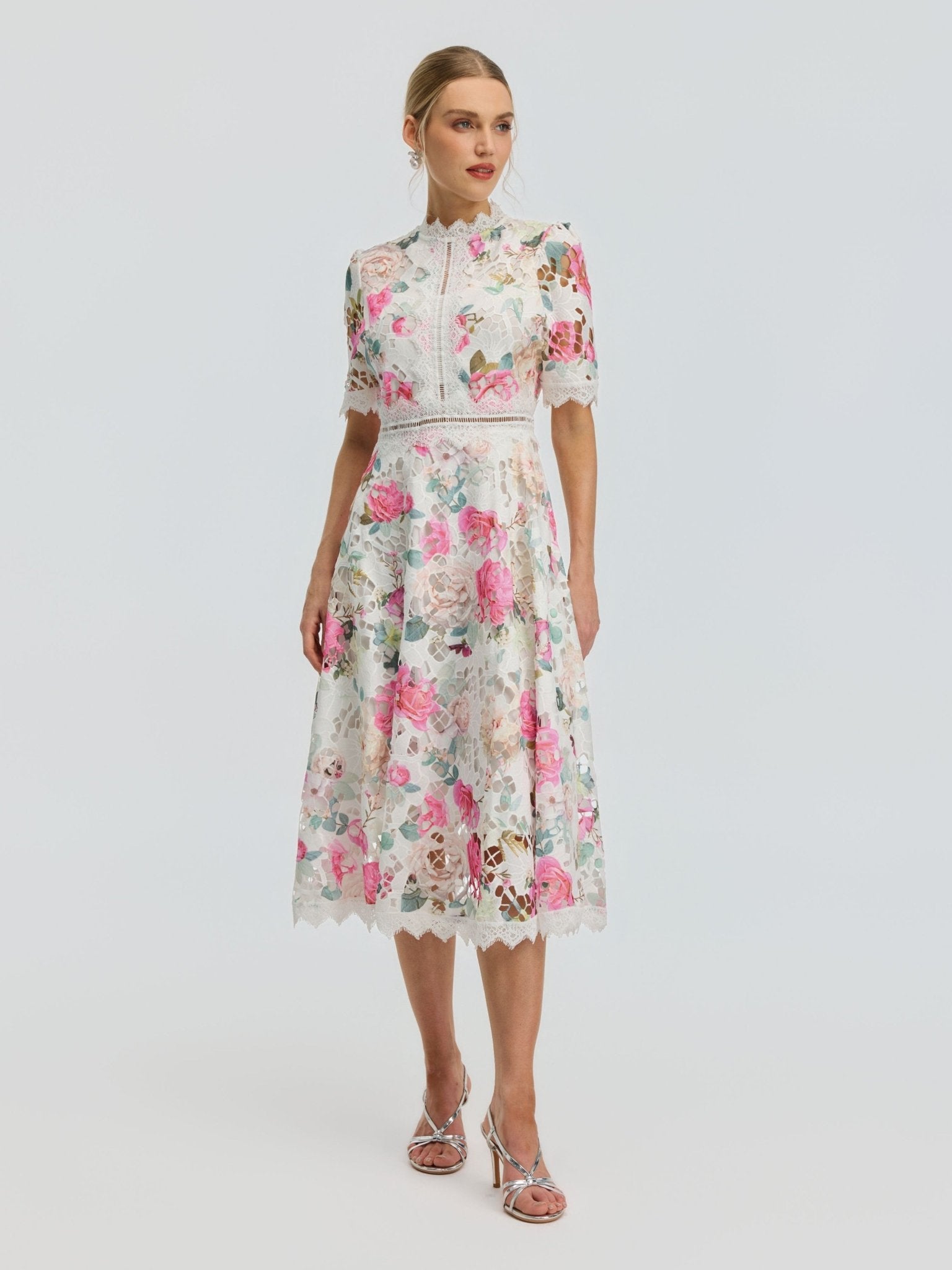 Rose Print Cutwork Lace Dress - Social Queen