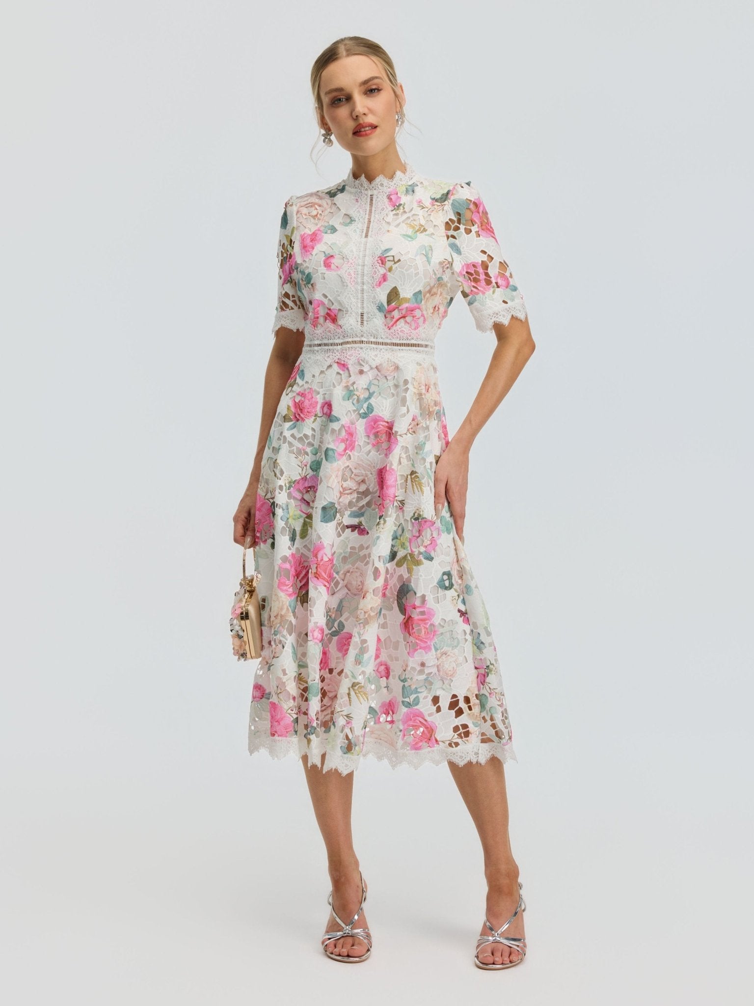 Rose Print Cutwork Lace Dress - Social Queen